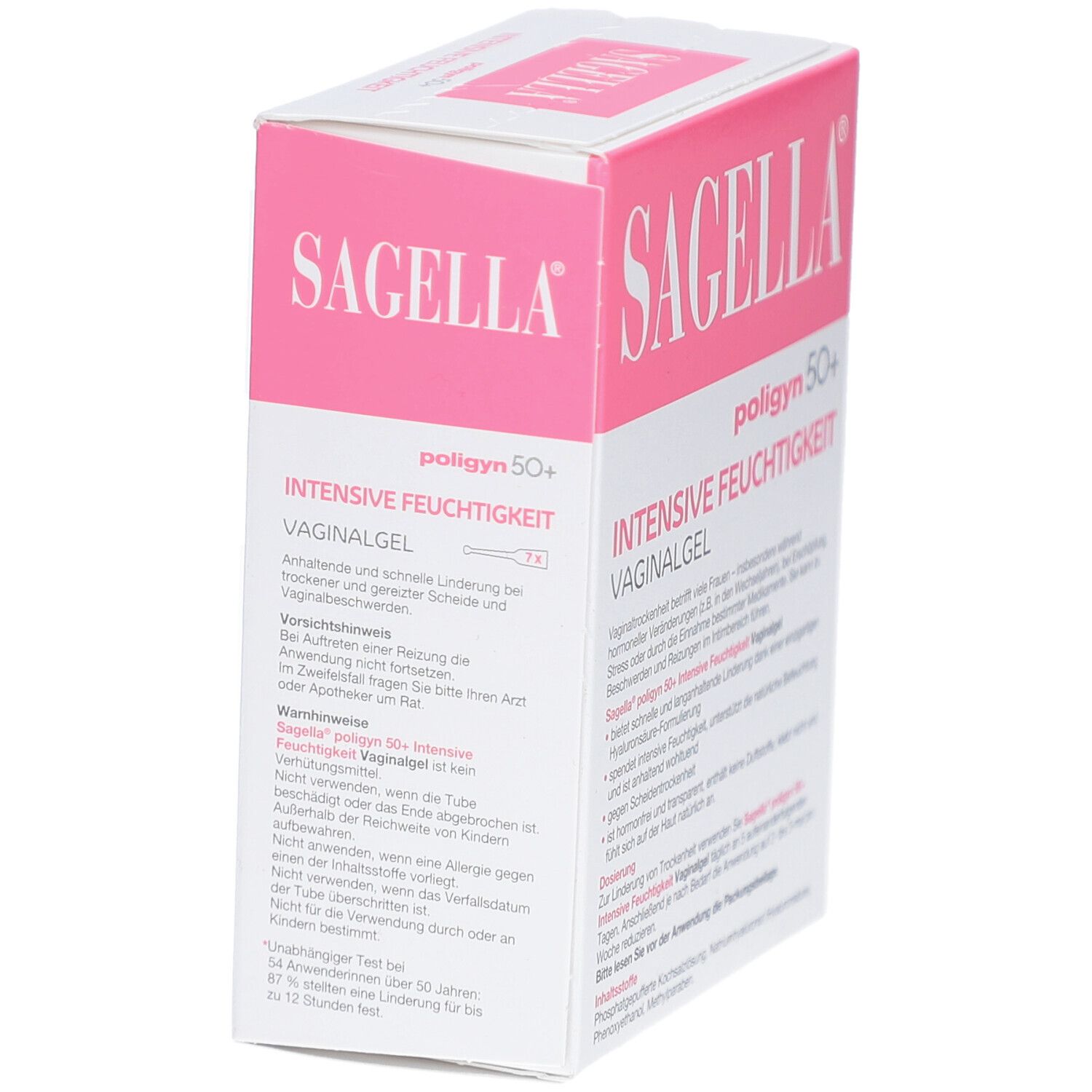 SAGELLA® poligyn 50+ Verpackung. Produktname und Anwendungshinweise. Rosa-weiße Schachtel mit Produktinformationen.