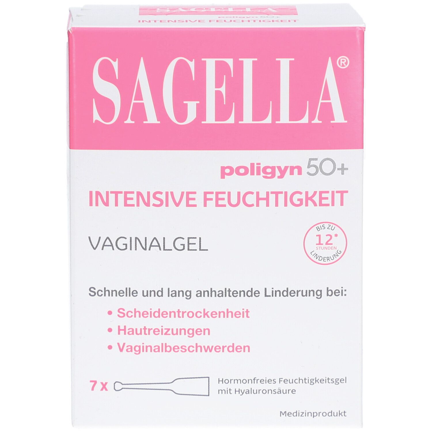 SAGELLA® poligyn 50+ Vaginalgel-Verpackung. Rosa-weiße Schachtel mit Produktnamen und Inhaltsangaben. 7 Applikatoren abgebildet.