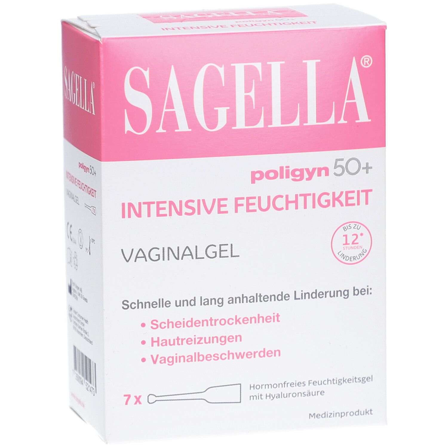 SAGELLA® poligyn 50+ Vaginalgel-Verpackung. Rosa-weiße Schachtel mit Produktnamen und Inhaltsangaben. 7 Applikatoren abgebildet.