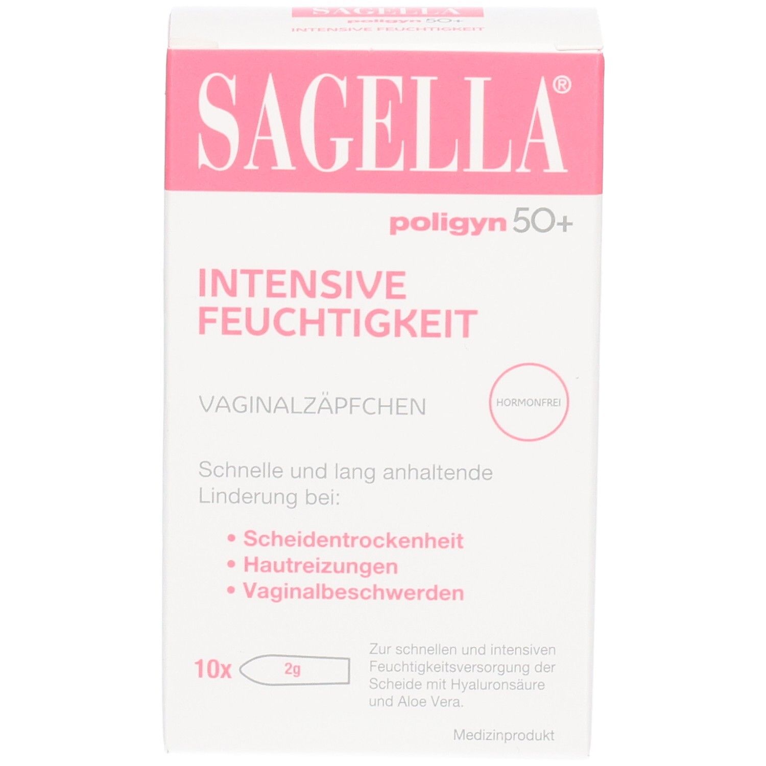 Weiße Schachtel mit rosa Schriftzug SAGELLA, poligyn 50+. Aufdruck: INTENSIVE FEUCHTIGKEIT, Vaginalzäpfchen. 10 Stück, 2g.