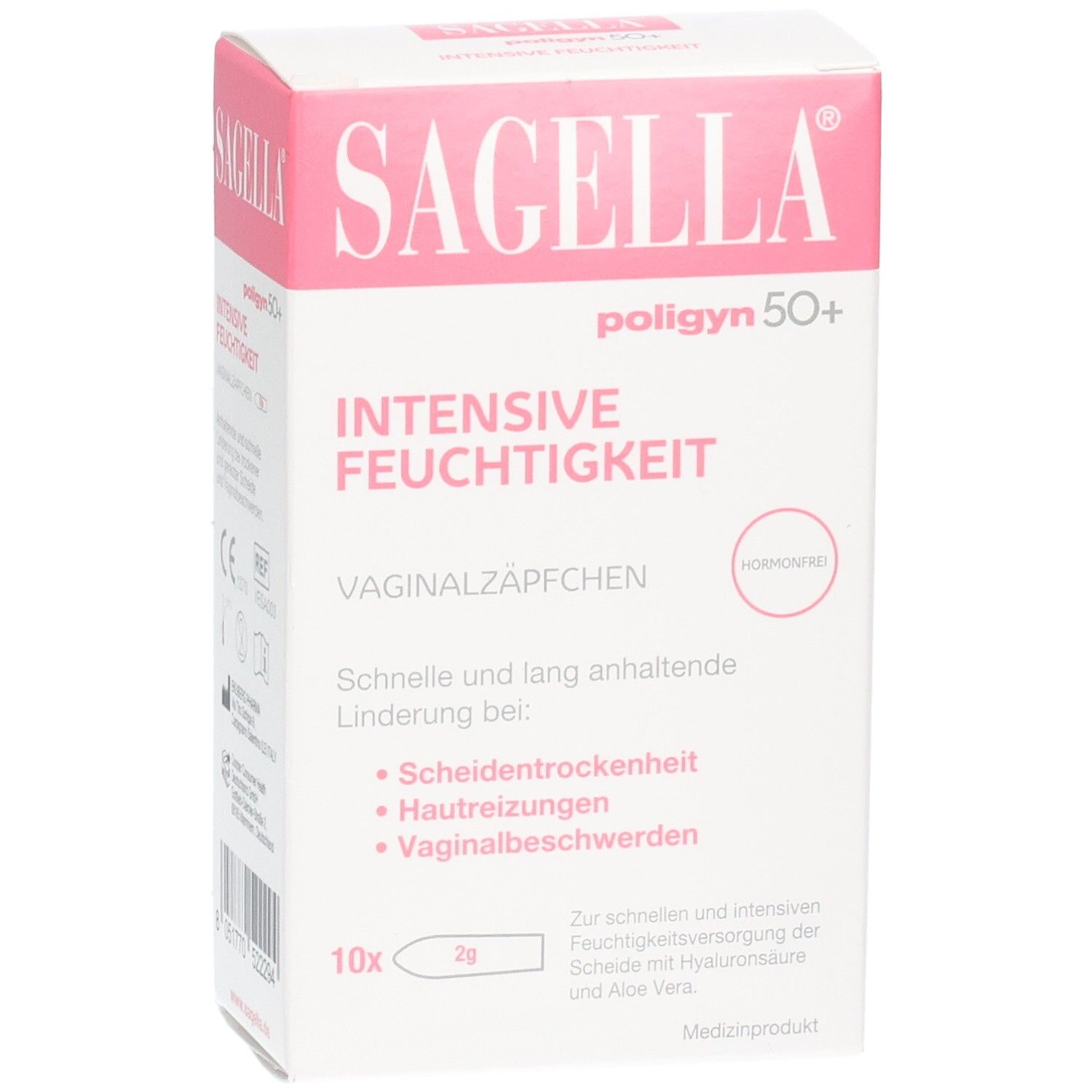 Weiße Schachtel mit rosa Schriftzug SAGELLA, poligyn 50+. Aufdruck: INTENSIVE FEUCHTIGKEIT, Vaginalzäpfchen. Hormonfrei.