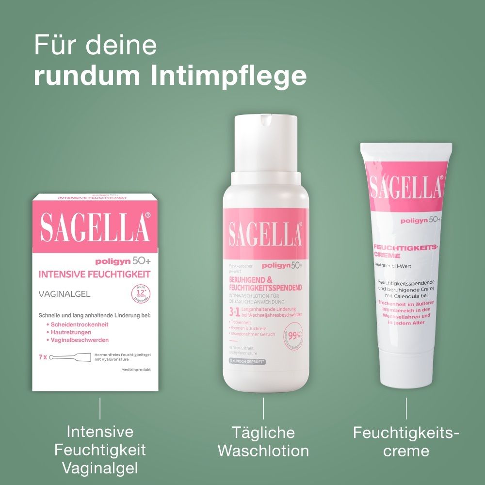 SAGELLA Produktlinie: Vaginalgel, Waschlotions, Feuchtigkeitscreme für Intimpflege.