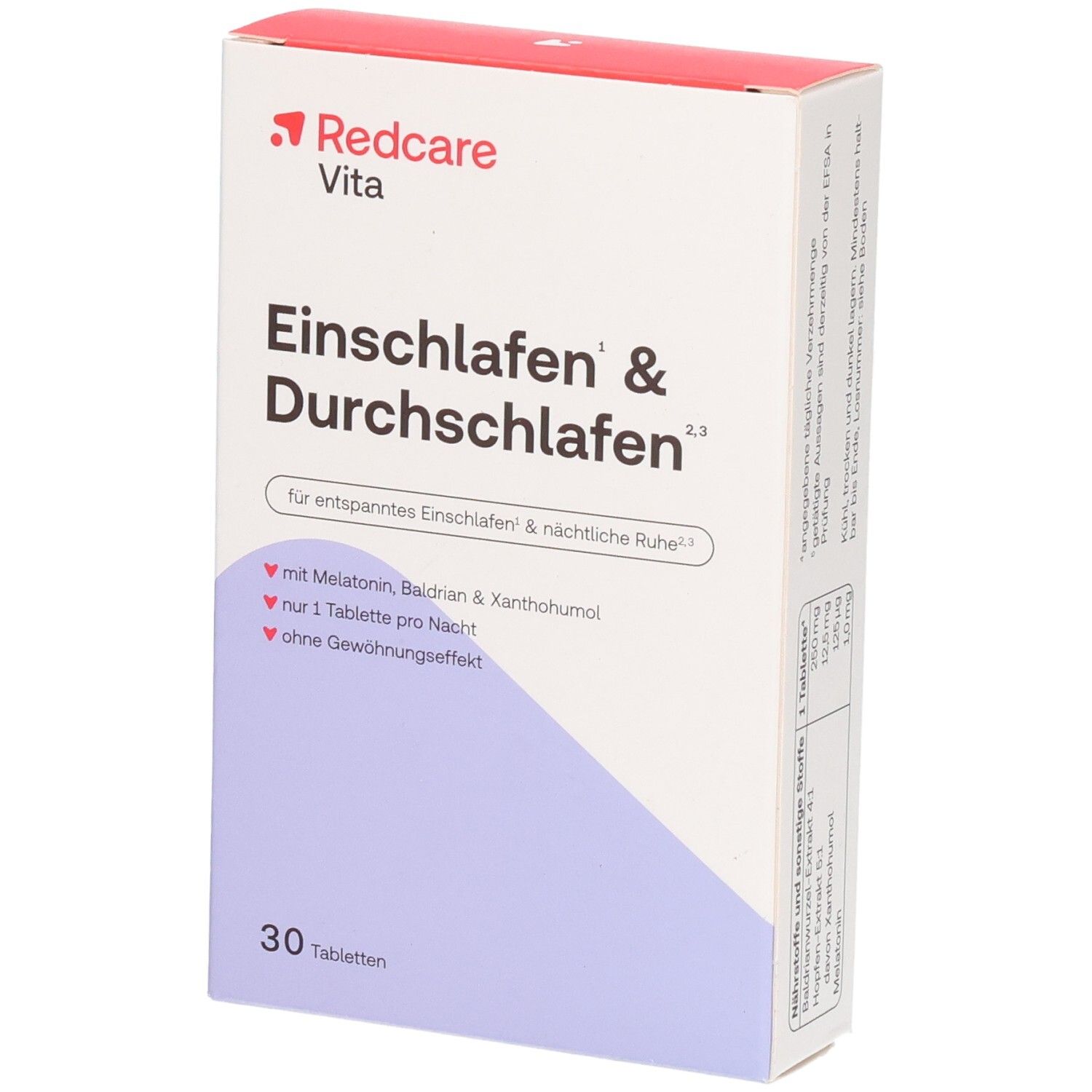 Redcare Vita Einschlafen & Durchschlafen, Packungsrückseite mit Inhaltsstoffen und Anwendungshinweisen.