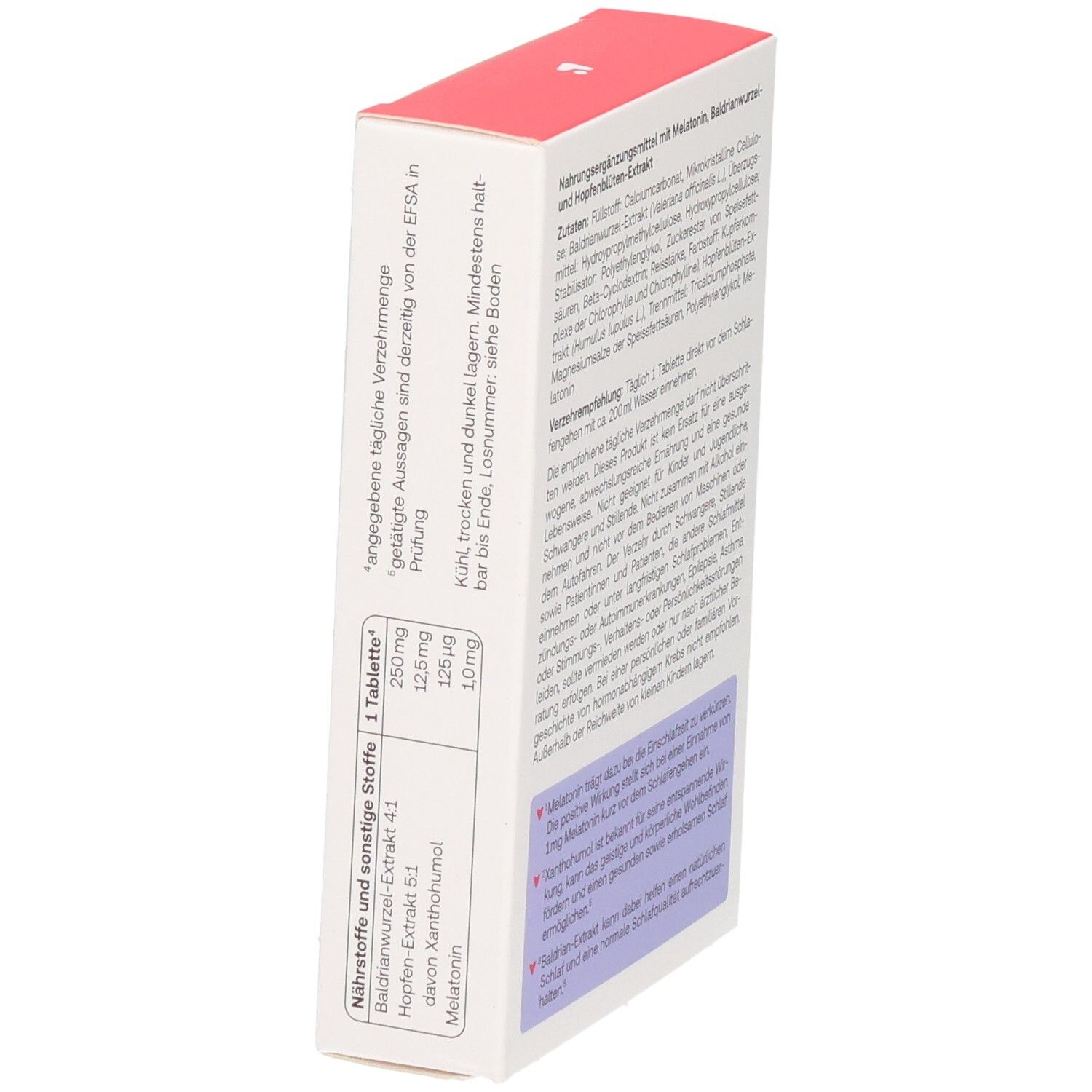 Redcare Vita Einschlafen & Durchschlafen, Packungsrückseite mit Tabelle zu Nährstoffen und Dosierung.