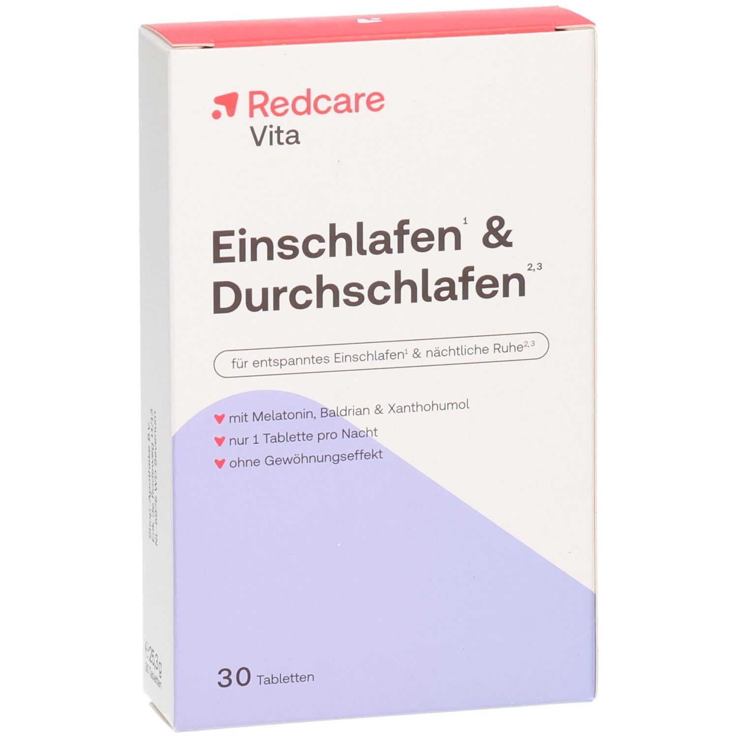 Redcare Vita Einschlafen & Durchschlafen, Packungsvorderseite mit rotem Logo und lila Designelement.