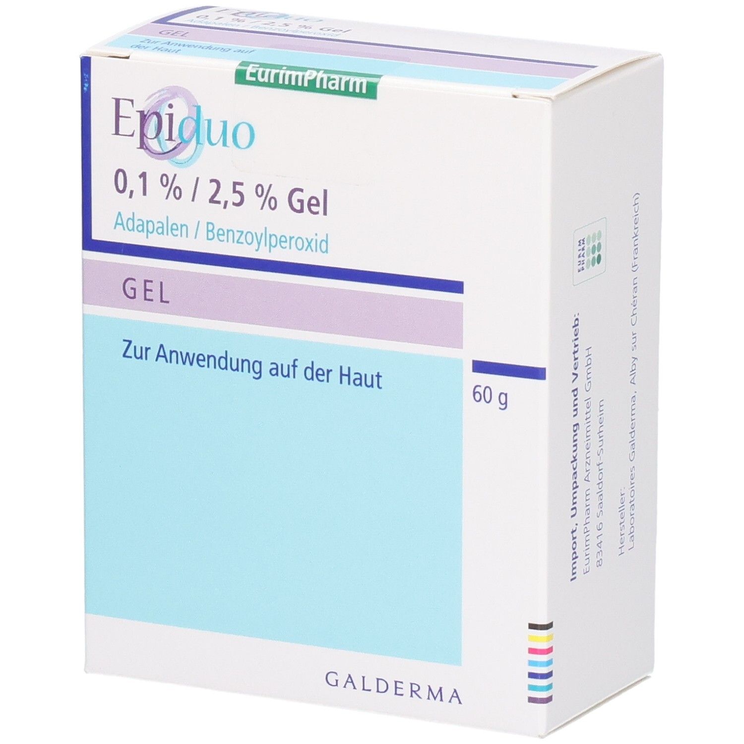 Packung Epiduo 0,1%/2,5% Gel, 60g. Enthält Adapalen und Benzoylperoxid zur Anwendung auf der Haut.