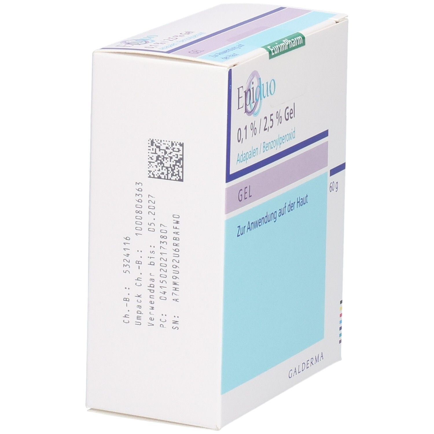 Rückseite der Epiduo 0,1%/2,5% Gel Packung mit Chargennummer und Verfallsdatum.