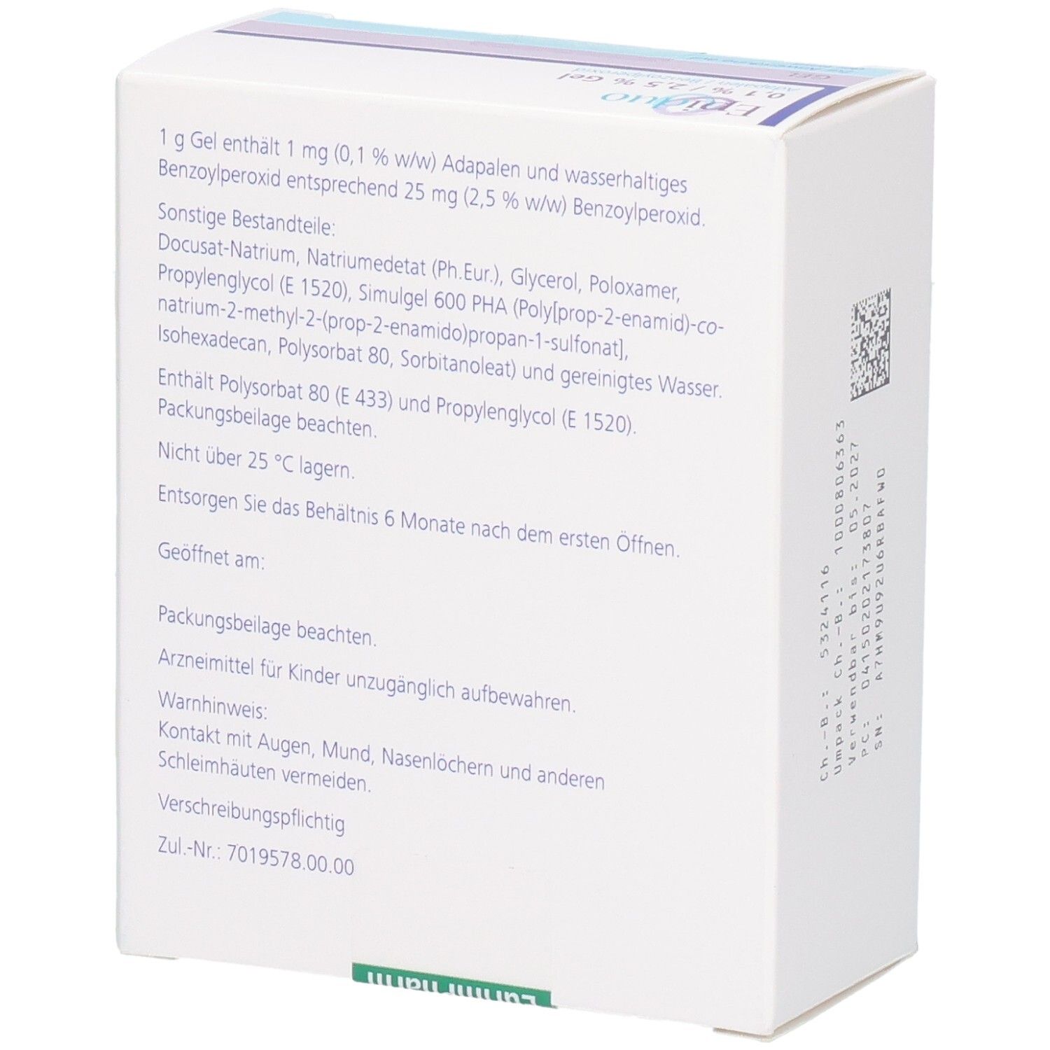 Detailansicht der Inhaltsstoffe und Anwendungshinweise auf der Epiduo 0,1%/2,5% Gel Packung.