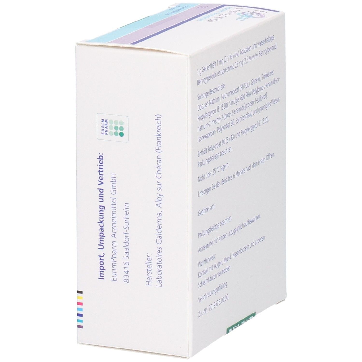 Seitenansicht der Epiduo 0,1%/2,5% Gel Packung mit Hersteller- und Importeurangaben.