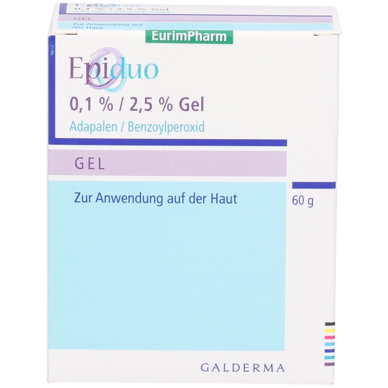 Vorderseite der Epiduo 0,1%/2,5% Gel Packung, 60g, mit Galderma Logo.