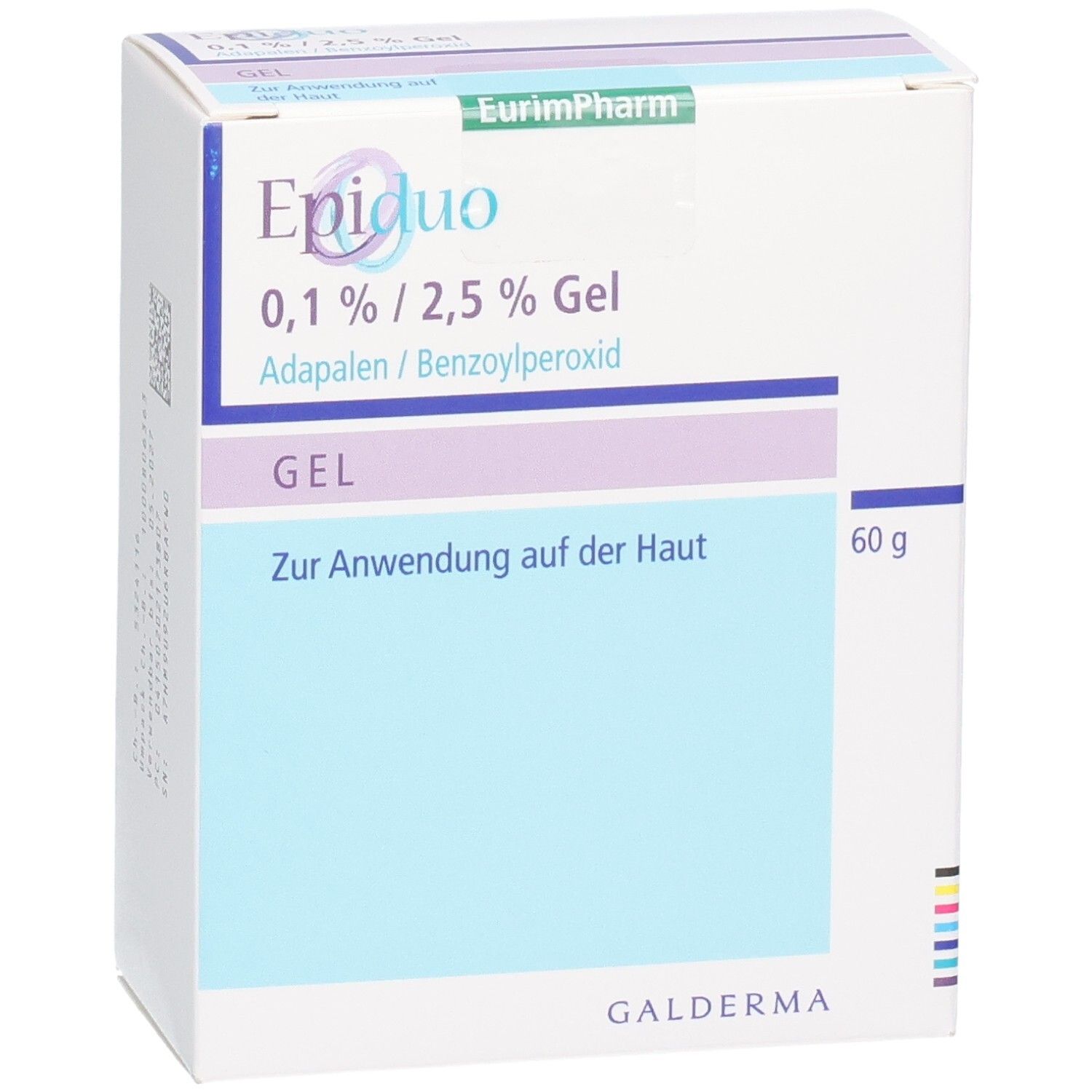Vorderseite der Epiduo 0,1%/2,5% Gel Packung, 60g, mit Galderma Logo und Anwendungshinweis.