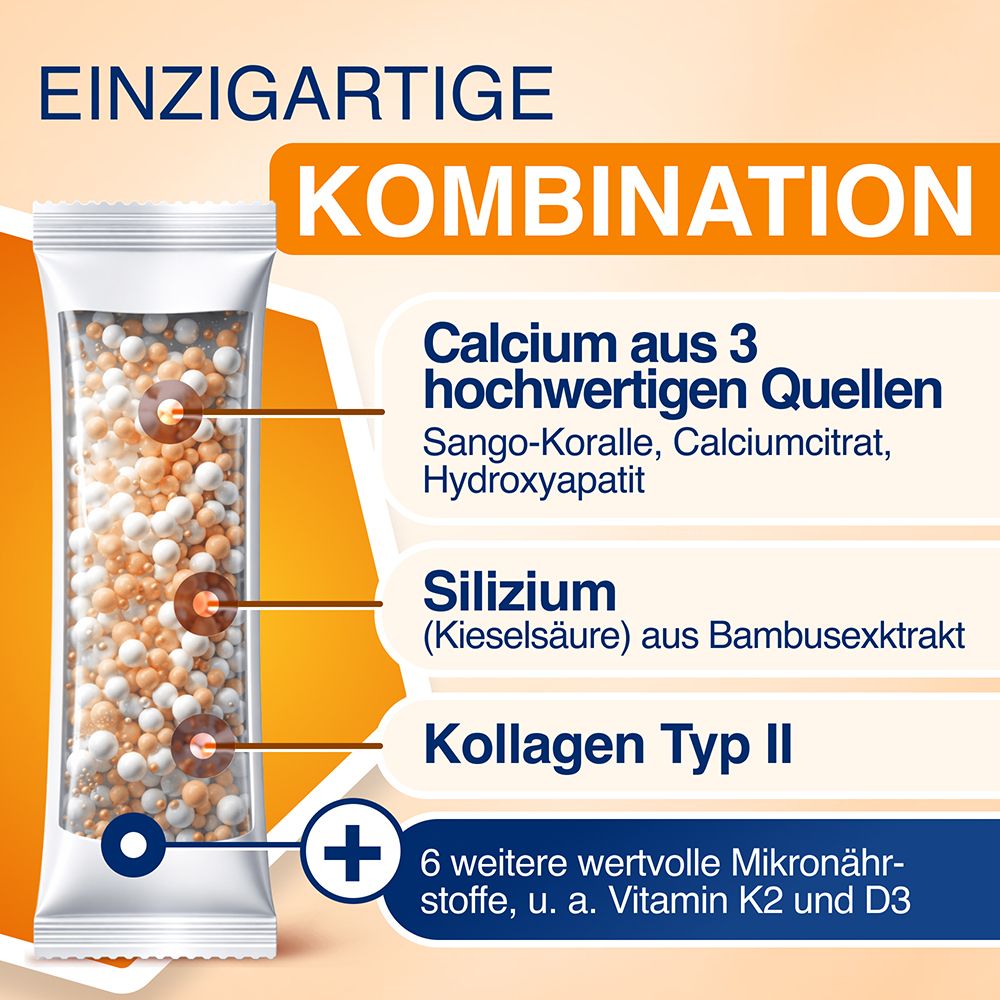 GELENCIUM® Osteo Complex Stick-Inhalt: Calcium aus 3 Quellen, Silizium, Kollagen Typ II, Vitamin K2 und D3.