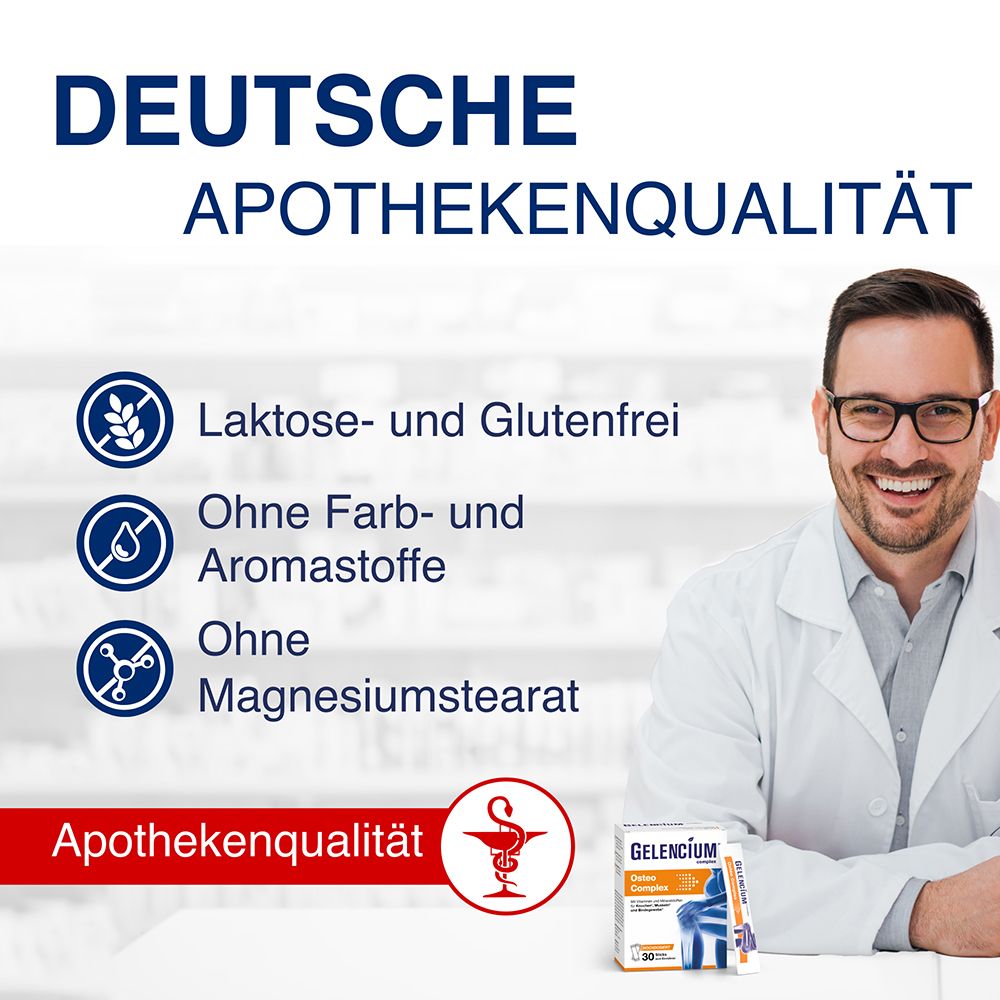 GELENCIUM® Osteo Complex Packung mit Hinweisen zu Inhaltsstoffen und Anwendung.