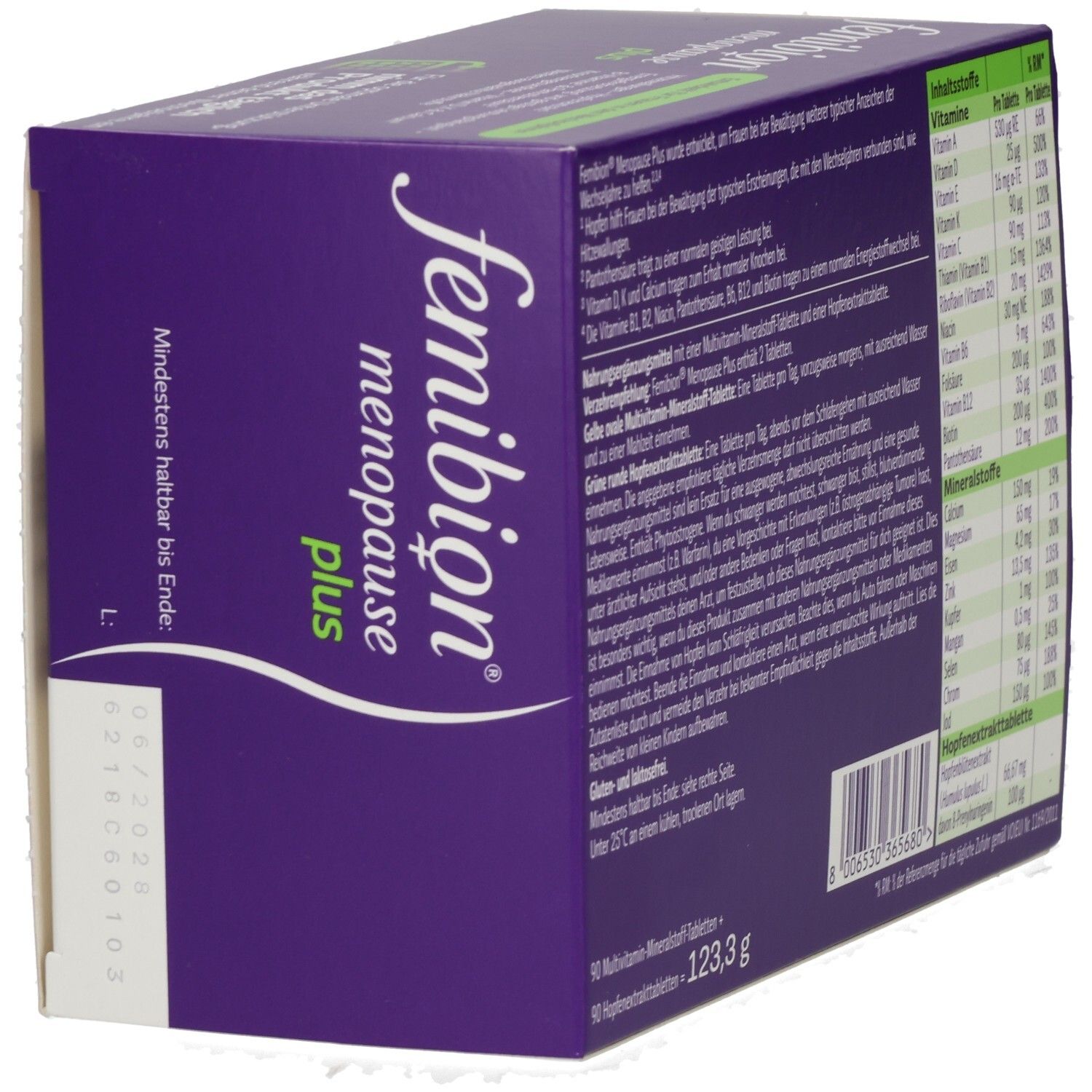 Verpackung Femibion Menopause Plus mit Vitaminen und Mineralstoffen.