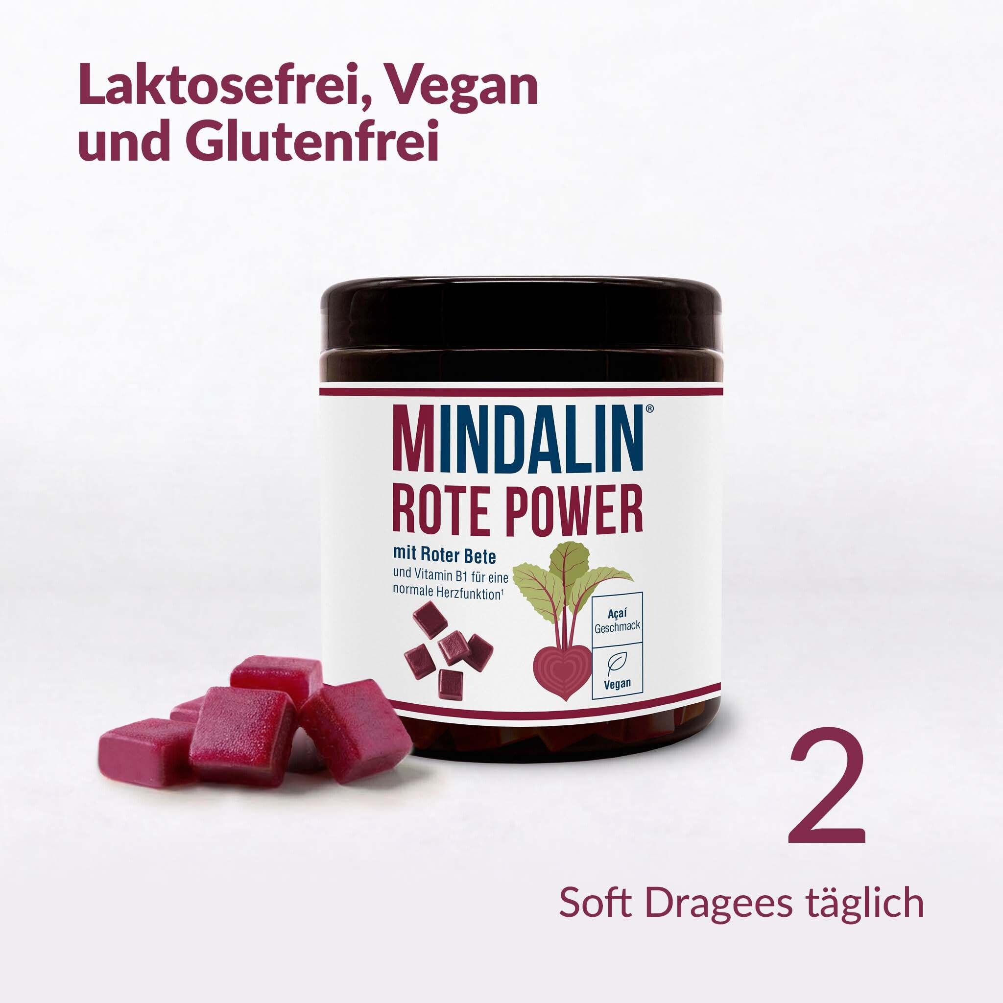Braune Dose mit weißem Etikett. Aufschrift: MINDALIN ROTE POWER. Text: Laktosefrei, Vegan und Glutenfrei.