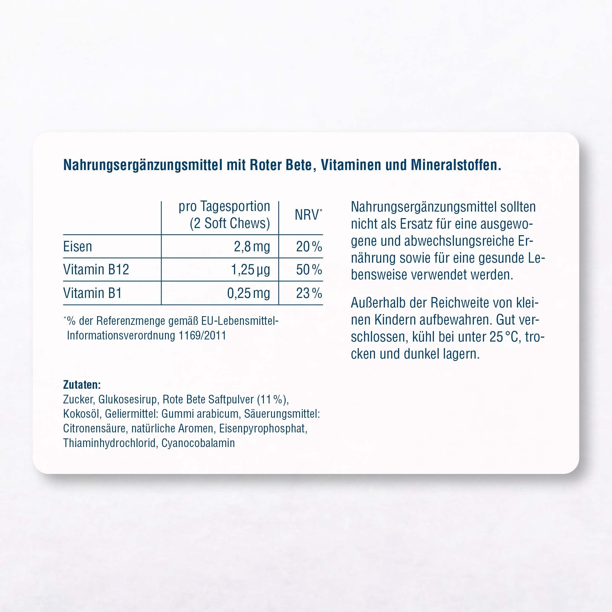 Weißes Etikett mit Nährwertangaben. Text: Eisen, Vitamin B12, Vitamin B1. Informationen zu Inhaltsstoffen.