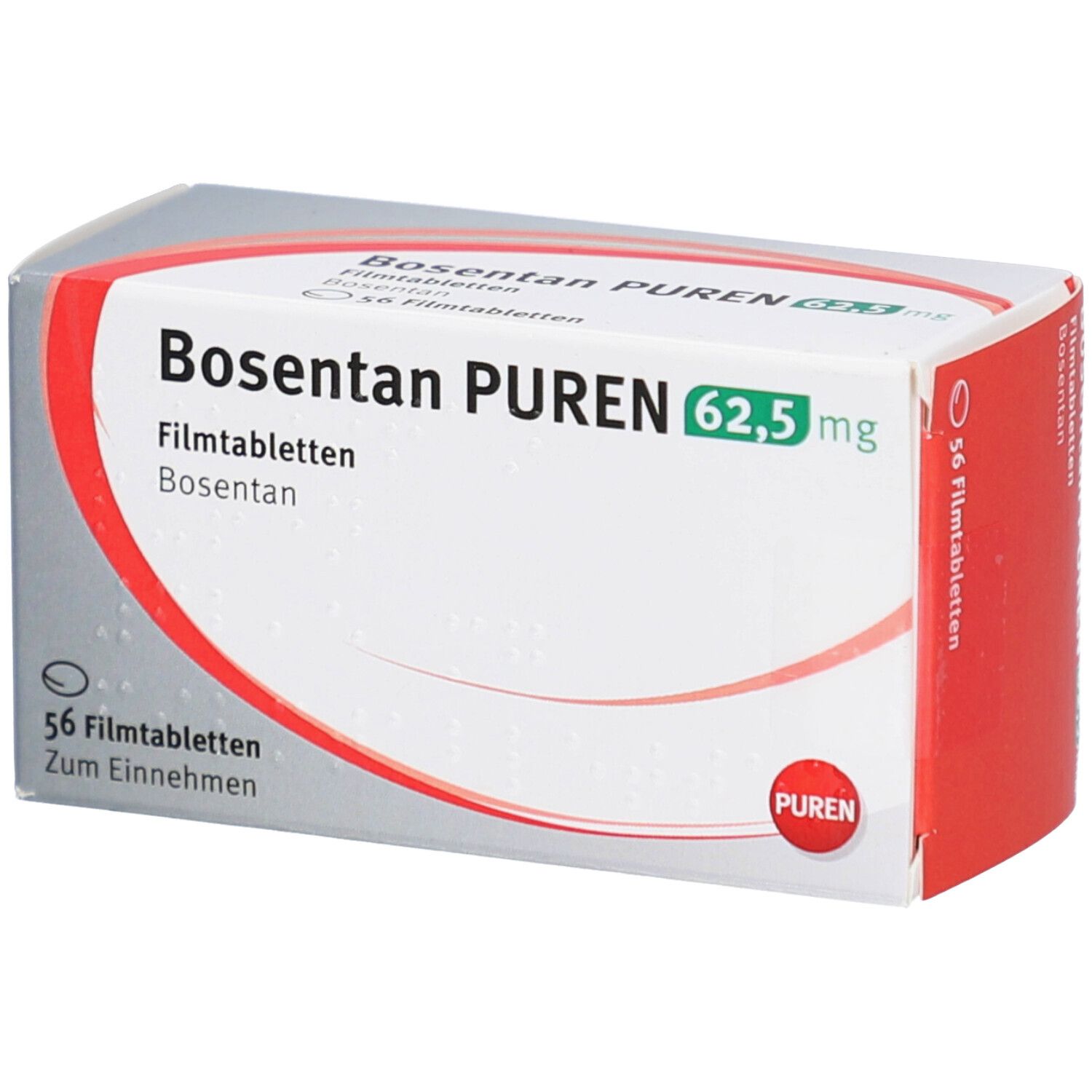 Schachtel mit Bosentan PUREN 62,5 mg Filmtabletten. Aufschrift: 56 Filmtabletten. PUREN-Logo. Graue und weiße Verpackung.