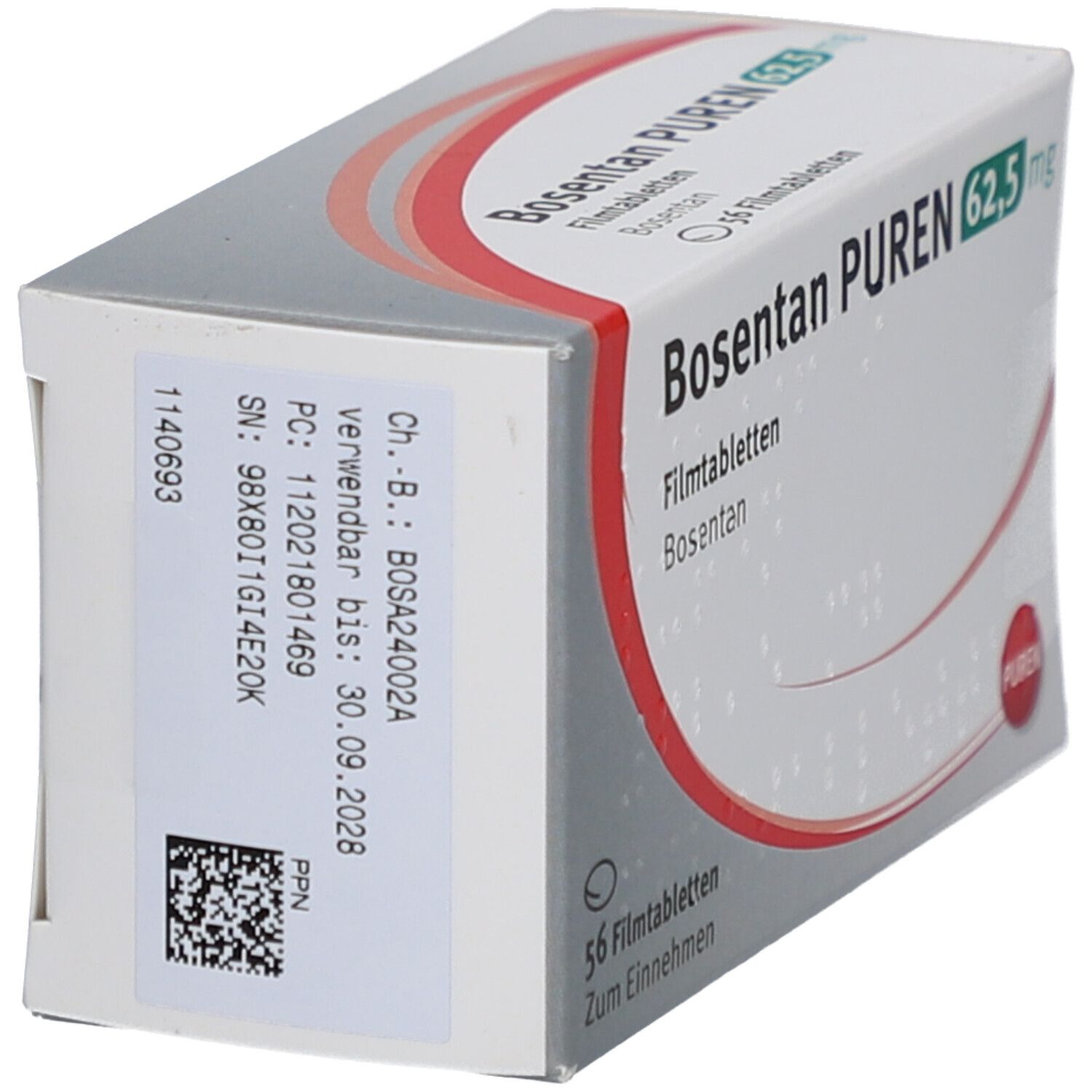 Schachtel Bosentan PUREN 62,5 mg. Rückseite mit Chargen- und Verfallsdatum. Barcode und PUREN-Logo. Graue und weiße Verpackung.