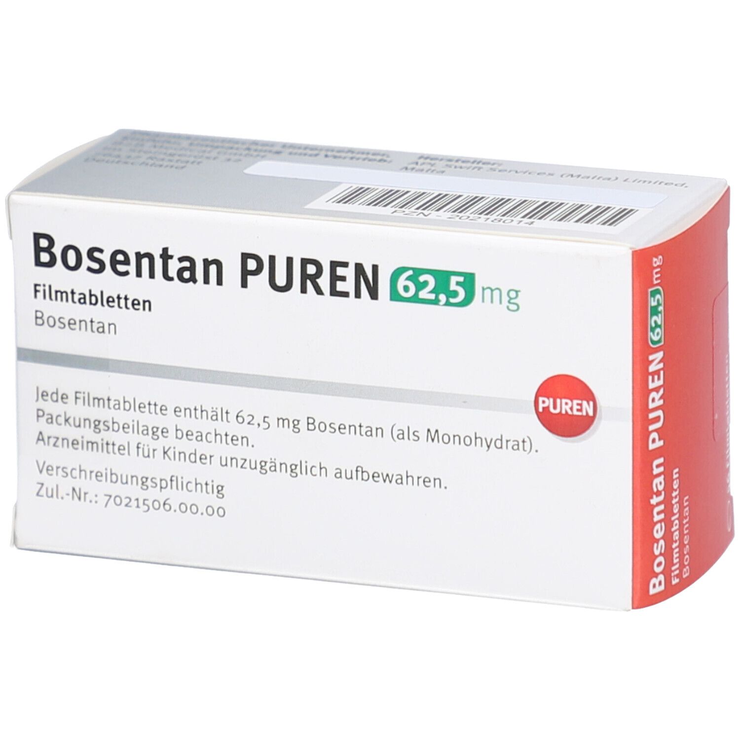 Schachtel Bosentan PUREN 62,5 mg Filmtabletten. Aufschrift: 62,5 mg, PUREN-Logo. Enthält Informationen. Graue und weiße Verpackung.