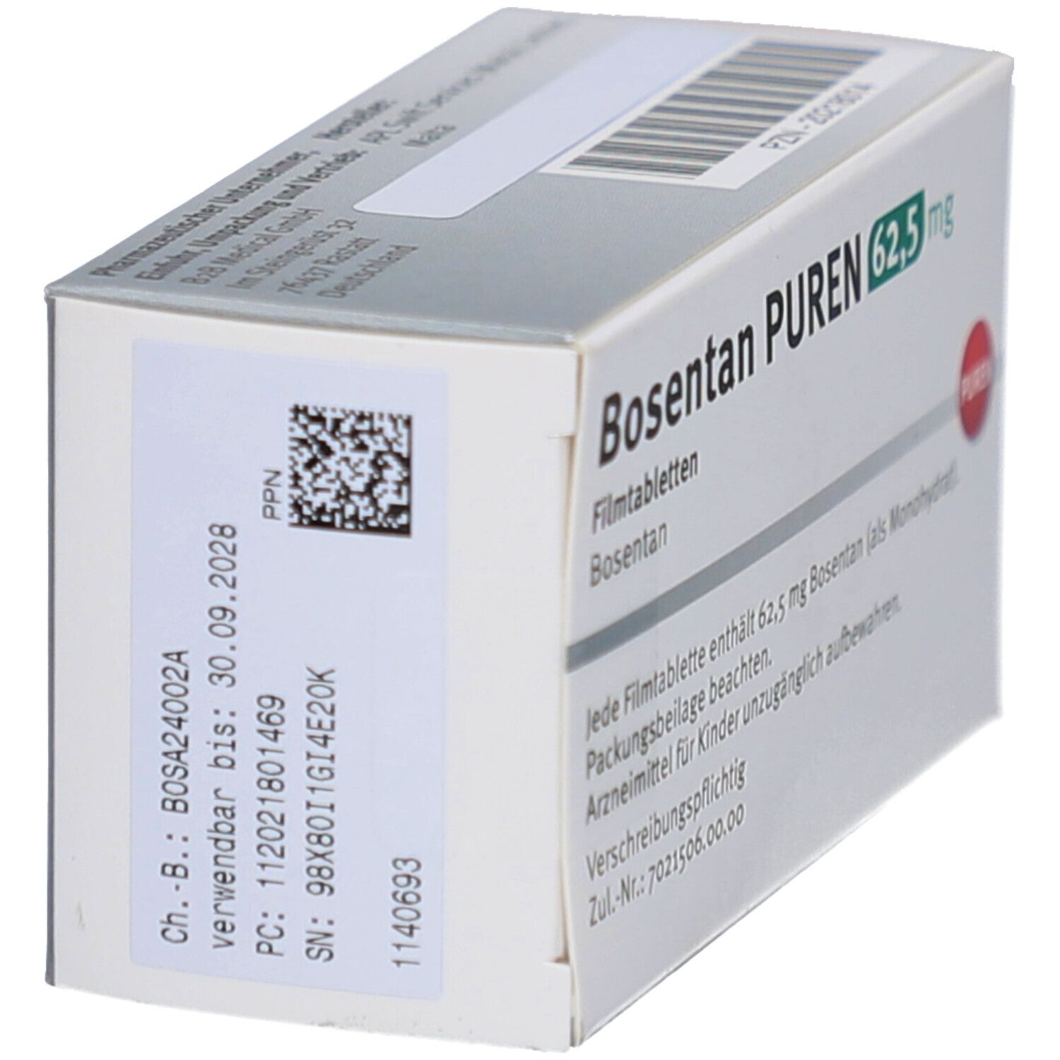 Schachtel Bosentan PUREN 62,5 mg. Rückseite mit Chargen- und Verfallsdatum. Barcode und PUREN-Logo. Graue und weiße Verpackung.