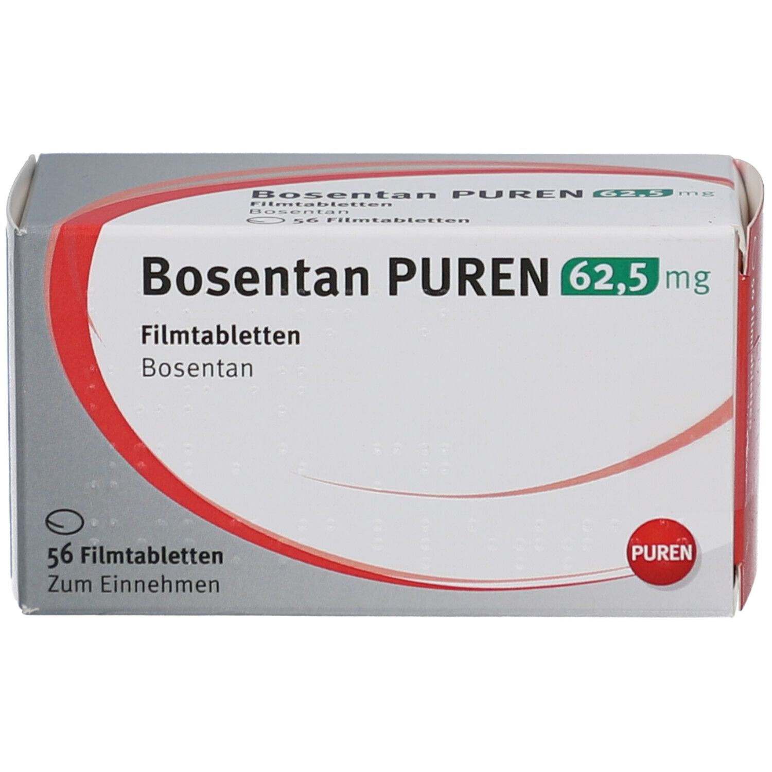 Schachtel mit Bosentan PUREN 62,5 mg Filmtabletten. Aufschrift: 56 Filmtabletten. PUREN-Logo. Graue und weiße Verpackung.