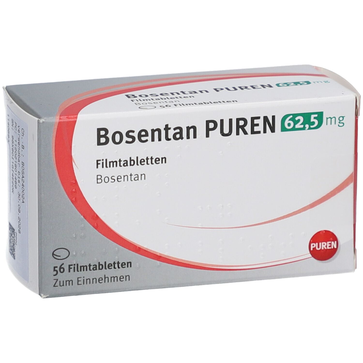 Schachtel Bosentan PUREN 62,5 mg Filmtabletten. Aufschrift: 56 Filmtabletten. PUREN-Logo. Graue und weiße Verpackung.