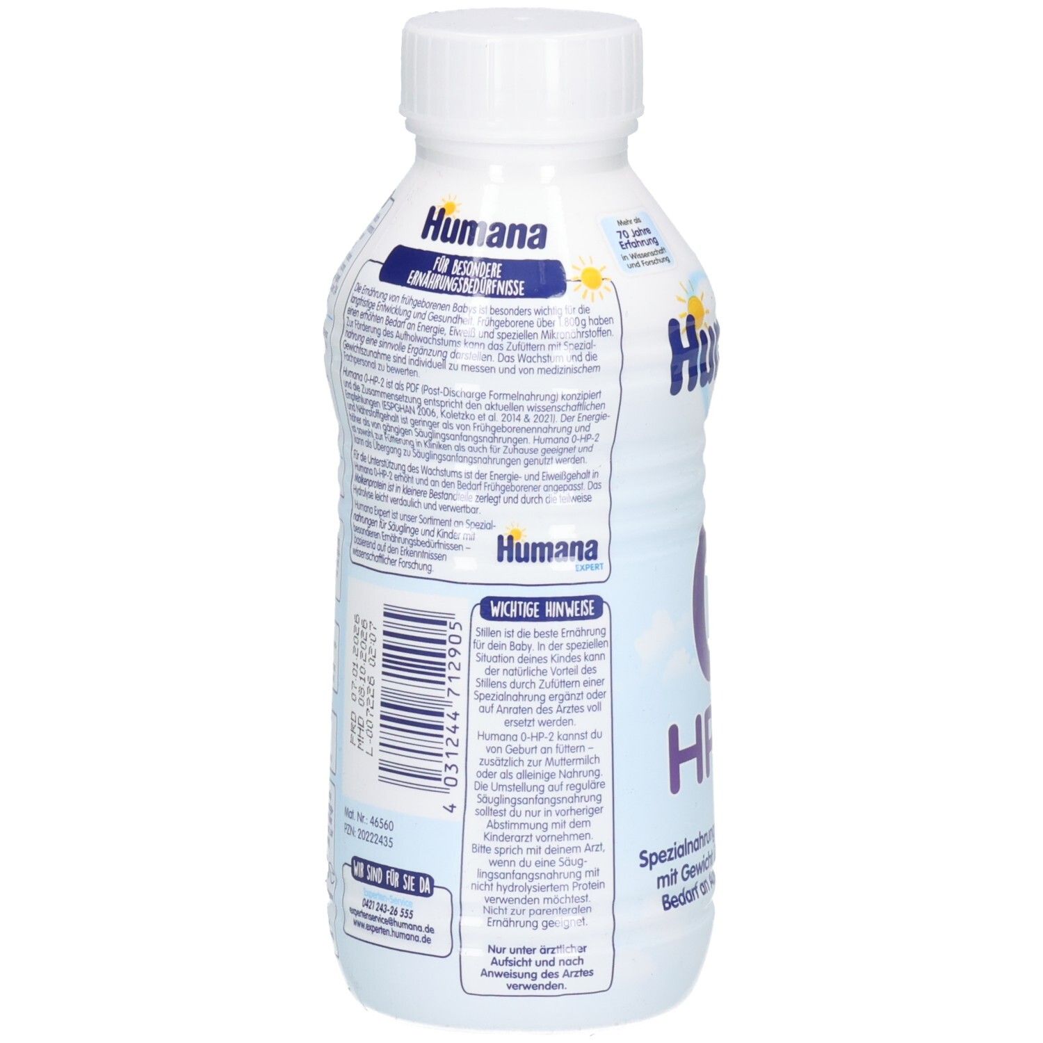 Rückseite der Humana Expert 0 HP-2 Spezialnahrung Flasche mit wichtigen Hinweisen.