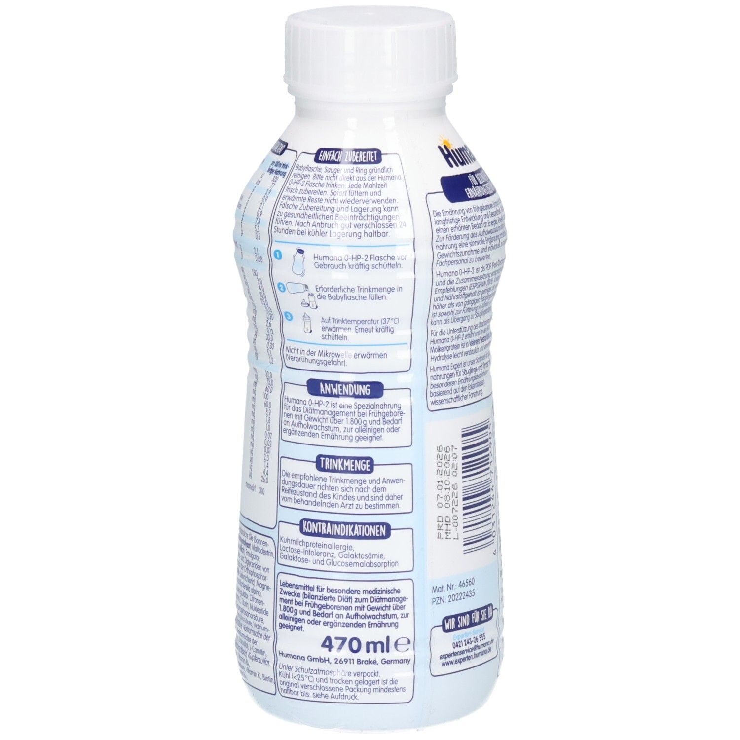 Seitenansicht der Humana Expert 0 HP-2 Spezialnahrung Flasche mit Anwendungshinweisen.