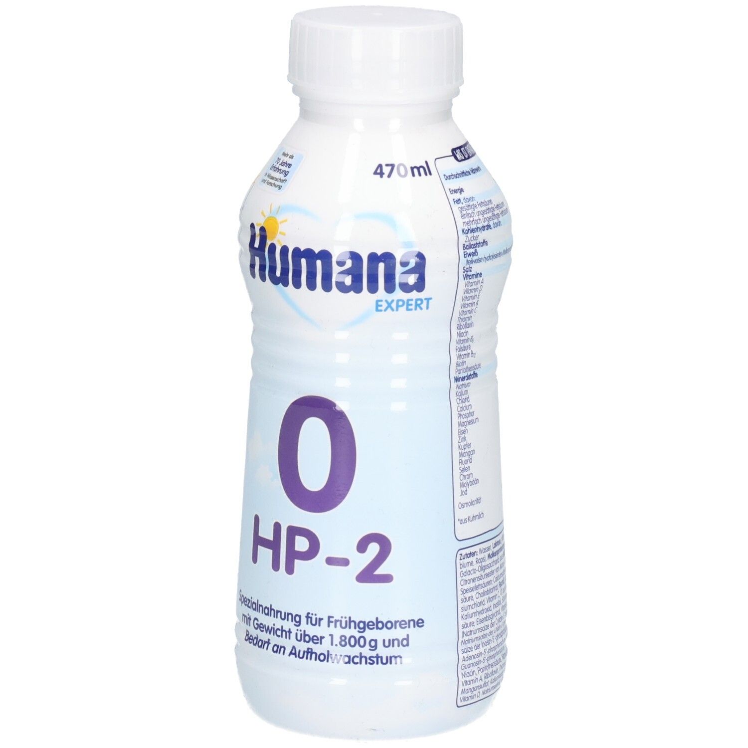 Vorderseite der Humana Expert 0 HP-2 Spezialnahrung Flasche, 470ml.