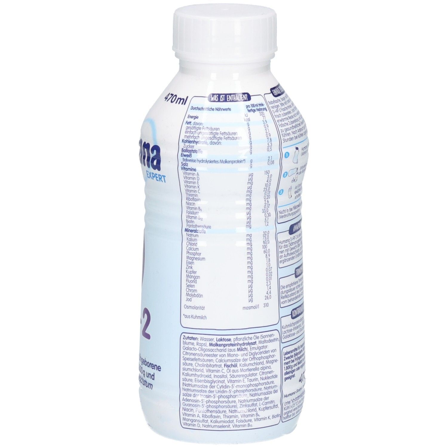 Seitenansicht der Humana Expert 0 HP-2 Spezialnahrung Flasche mit Nährwertangaben.