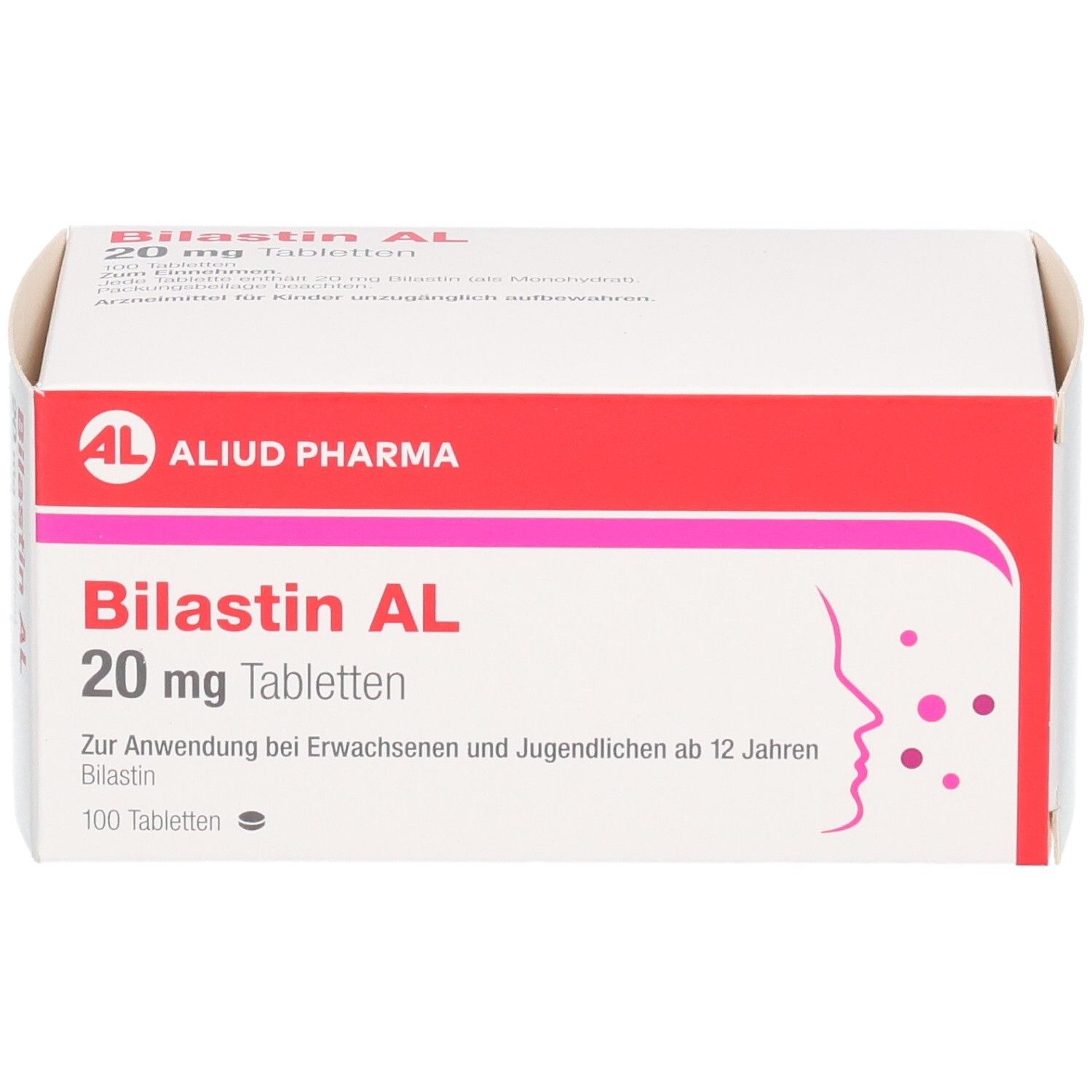 Bilastin AL 20 mg Tabletten Schachtel, 100 Tabletten, Vorderseite mit Profil.