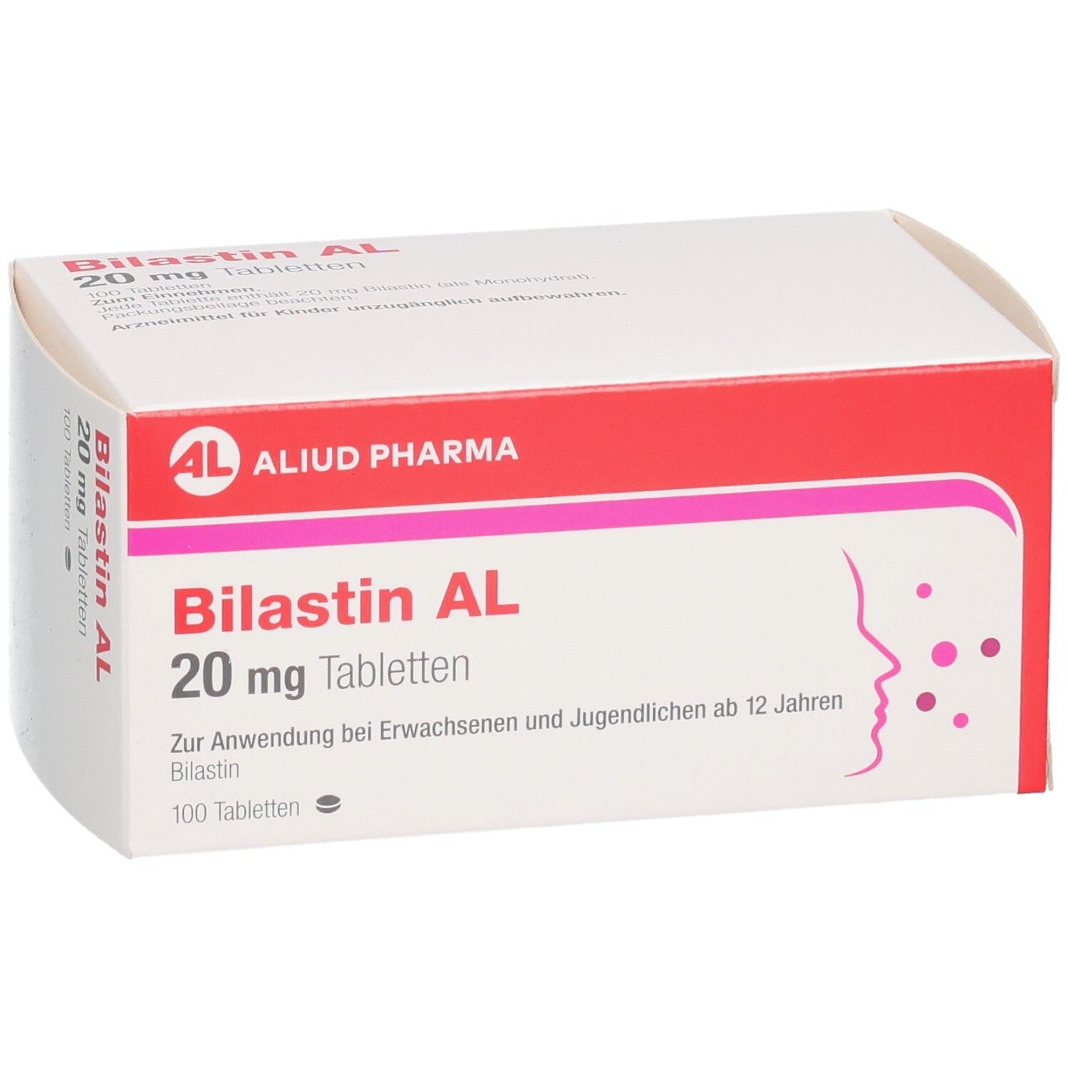 Bilastin AL 20 mg Tabletten Schachtel, 100 Tabletten, schräge Ansicht.