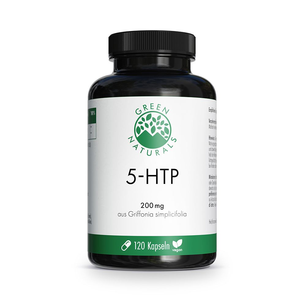 Schwarze Dose mit 120 Kapseln 5-HTP 200 mg aus Griffonia simplicifolia.