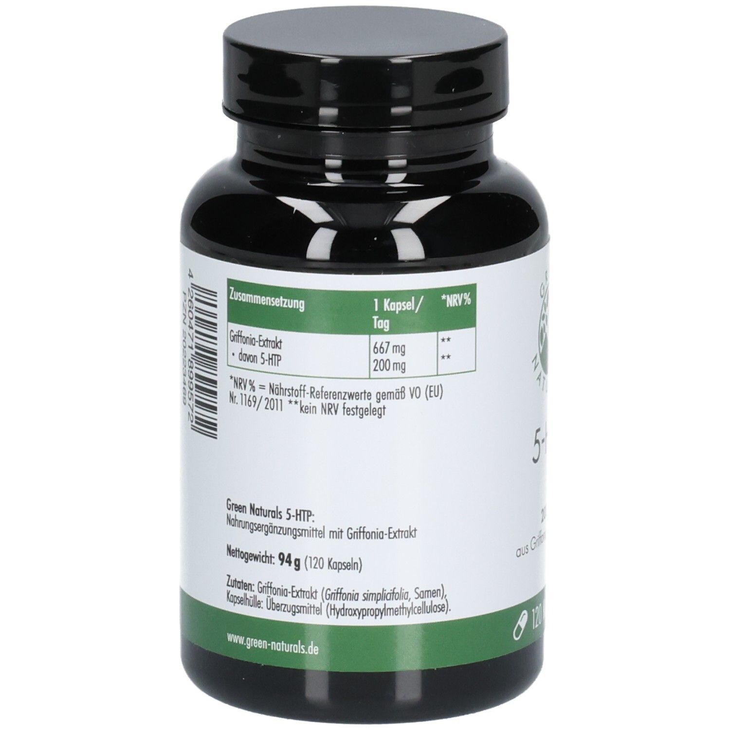 Rückseite der Flasche. Aufschrift: Zusammensetzung, 1 Kapsel, Nährwertangaben. Green Naturals 5-HTP. Nettogewicht 94g.