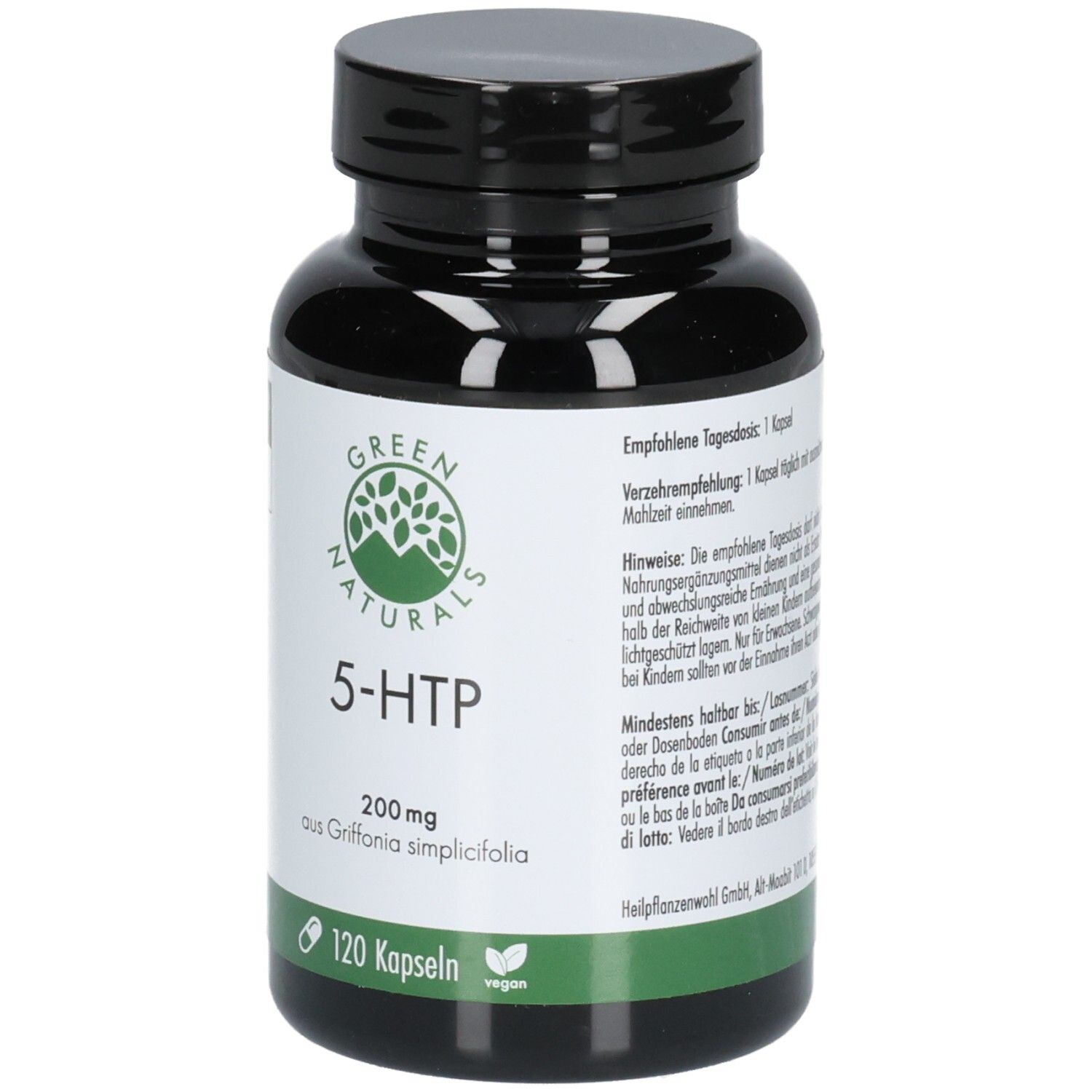 Grüne Flasche mit schwarzem Deckel. Aufschrift: Green Naturals 5-HTP 200 mg, 120 Kapseln. Vegan-Siegel.