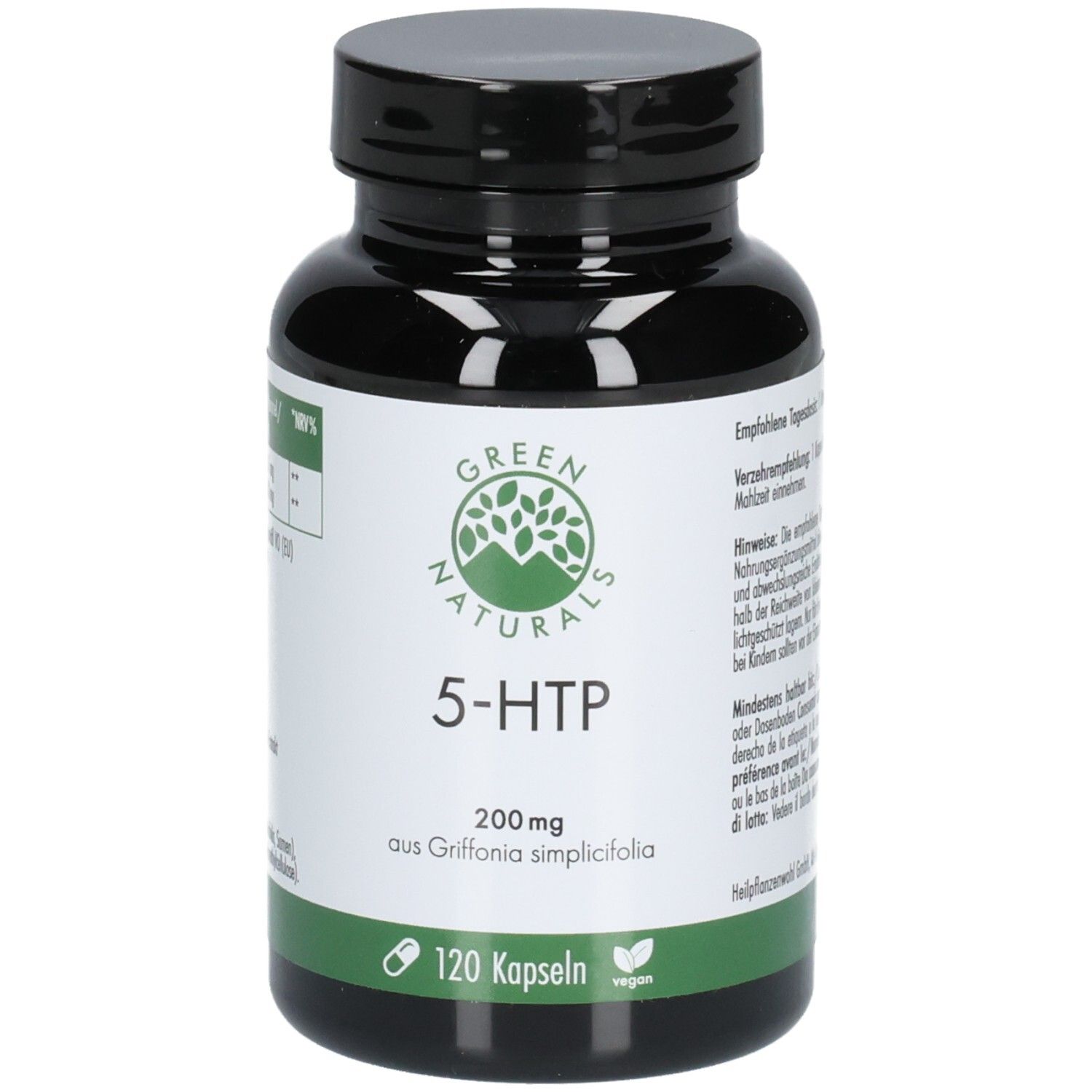 Grüne Flasche mit schwarzem Deckel. Aufschrift: Green Naturals 5-HTP 200 mg, 120 Kapseln. Vegan-Siegel.