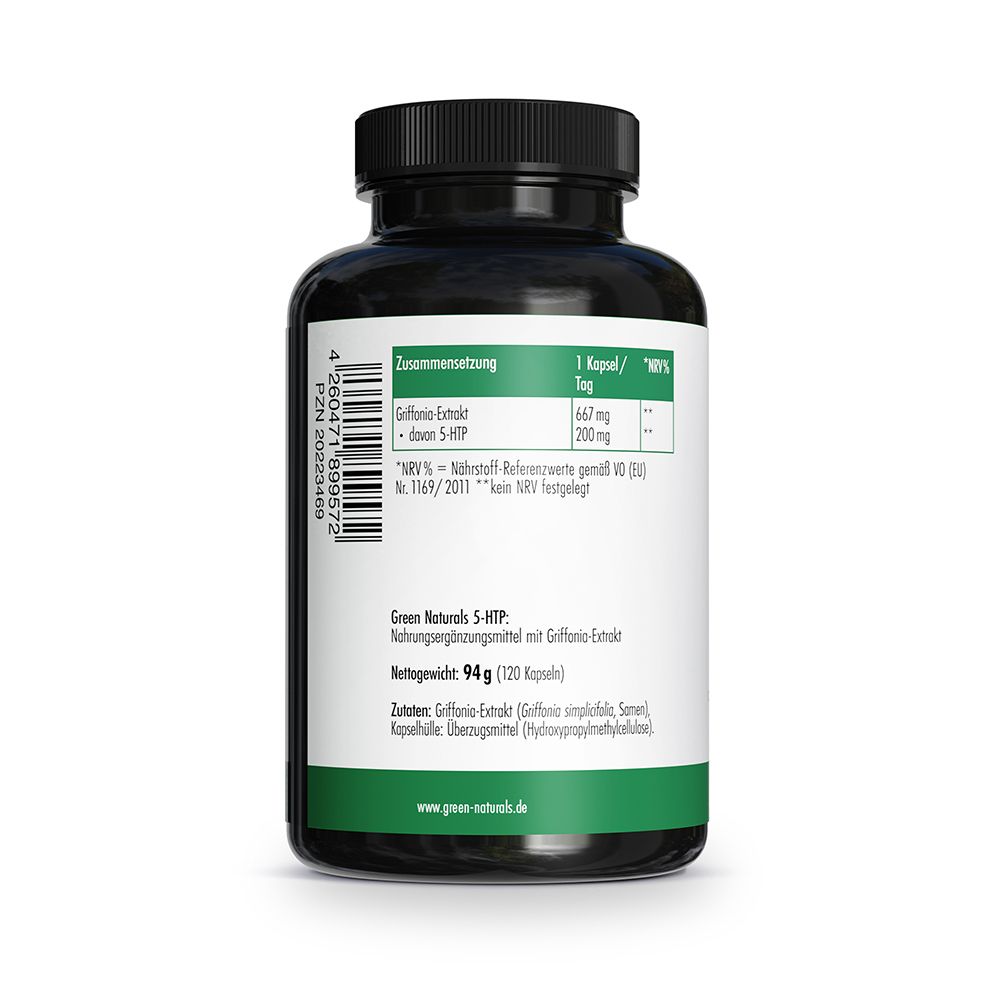 Rückseite Dose: Zusammensetzung, Nährwerte, 94g (120 Kapseln), Griffonia-Extrakt.