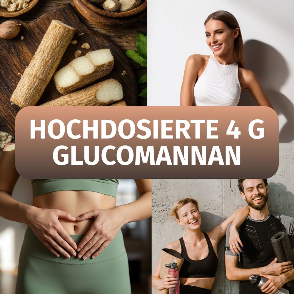 Vier Collagen-Collage mit Glucomannan-Wurzeln und sportlichen Menschen. Text: HOCHDOSIERTE 4 G GLUCOMANNAN.