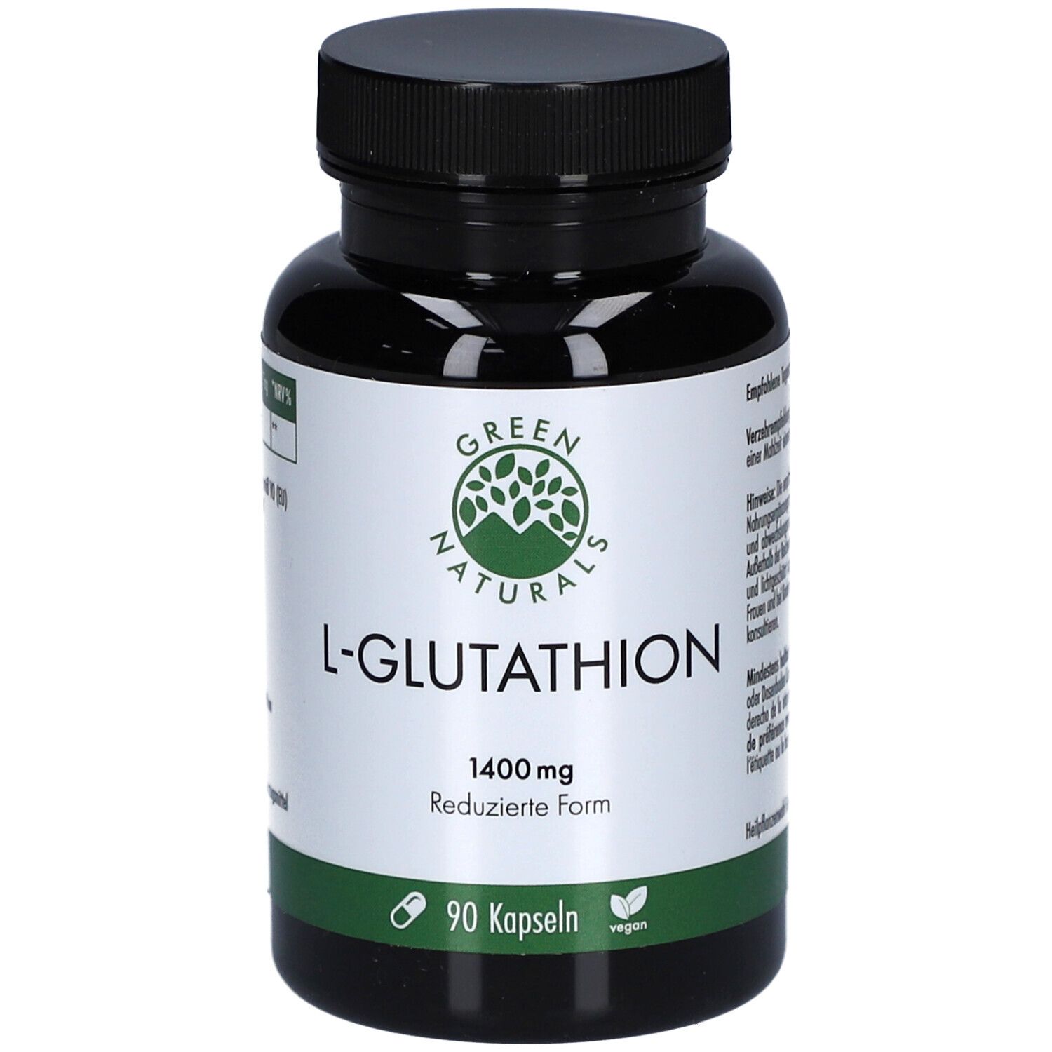 Schwarze Flasche mit grüner Banderole. Aufschrift: L-Glutathion 1400 mg, 90 Kapseln, vegan. Logo: Green Naturals.