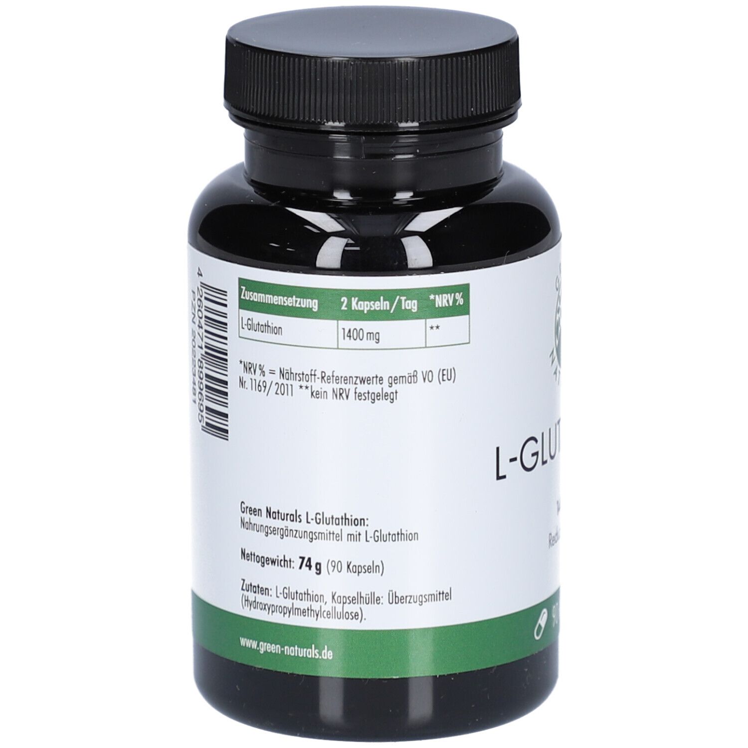 Rückseite der Flasche. Aufschrift: L-Glutathion, 1400 mg. Inhaltsstoffe. Gewicht: 74g. Logo: Green Naturals. Vegan.