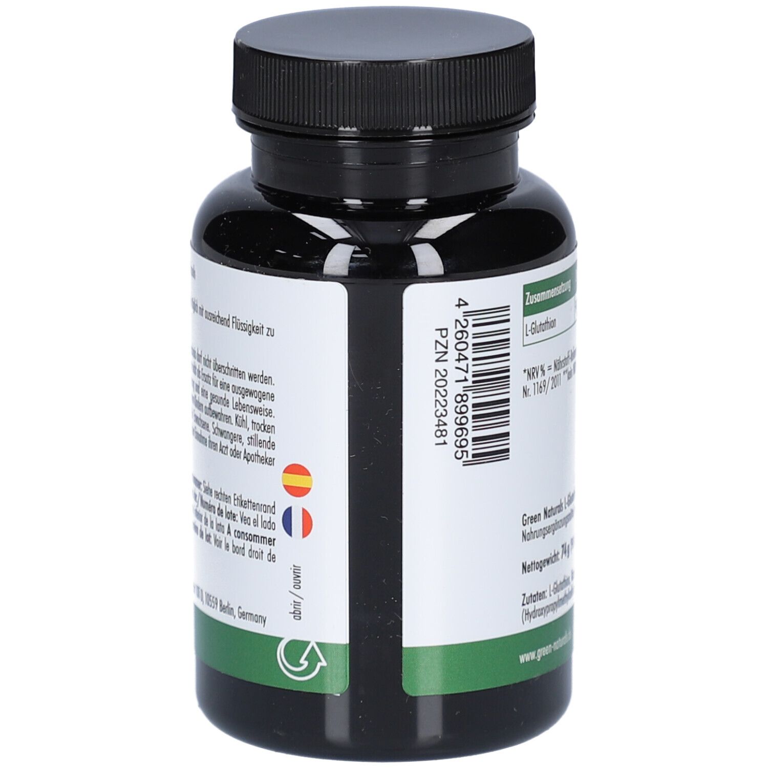 Seitenansicht der Flasche. Aufschrift: L-Glutathion. PZN-Code. Mehrsprachige Hinweise. Logo: Green Naturals. Vegan.