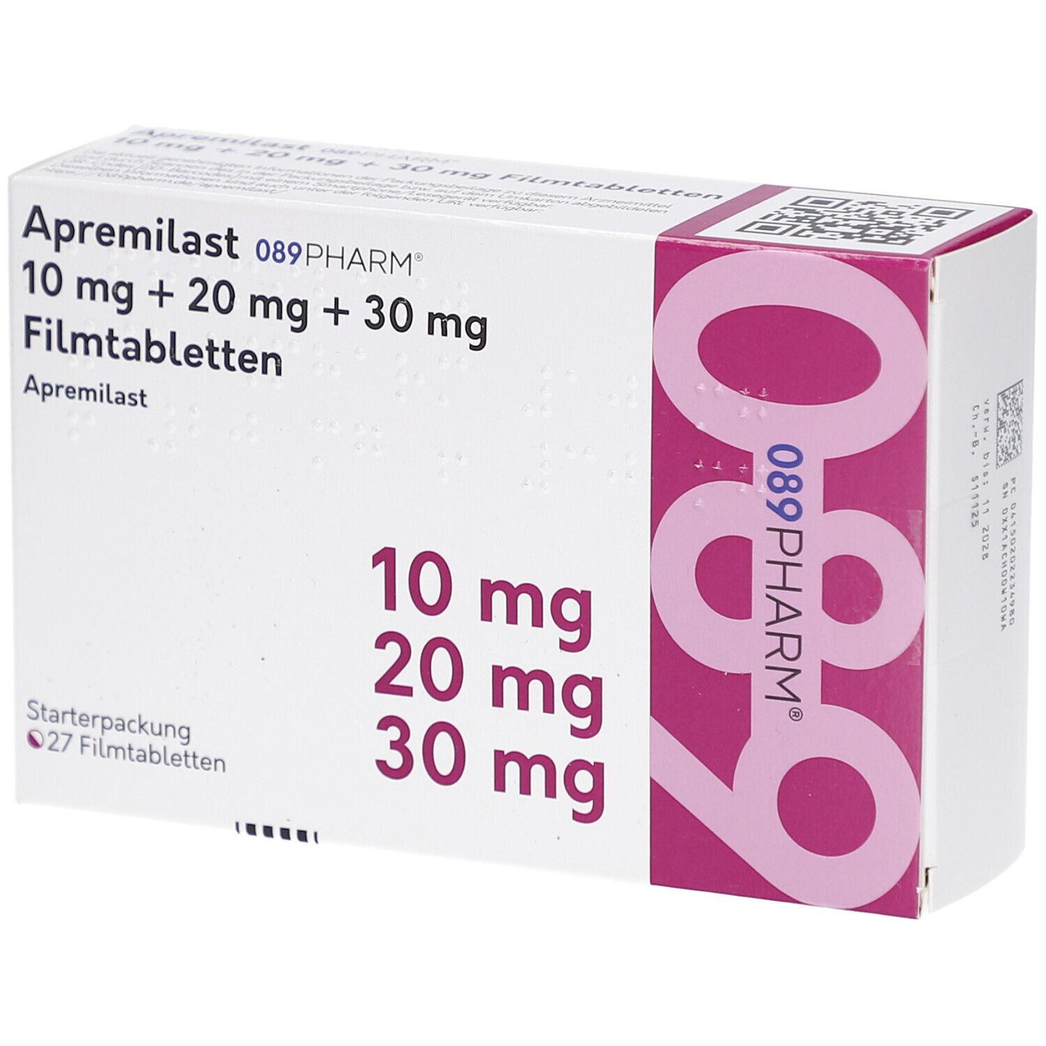 Schachtel mit Aufschrift 'Apremilast 10 mg + 20 mg + 30 mg Filmtabletten'. Starterpackung mit 27 Tabletten.