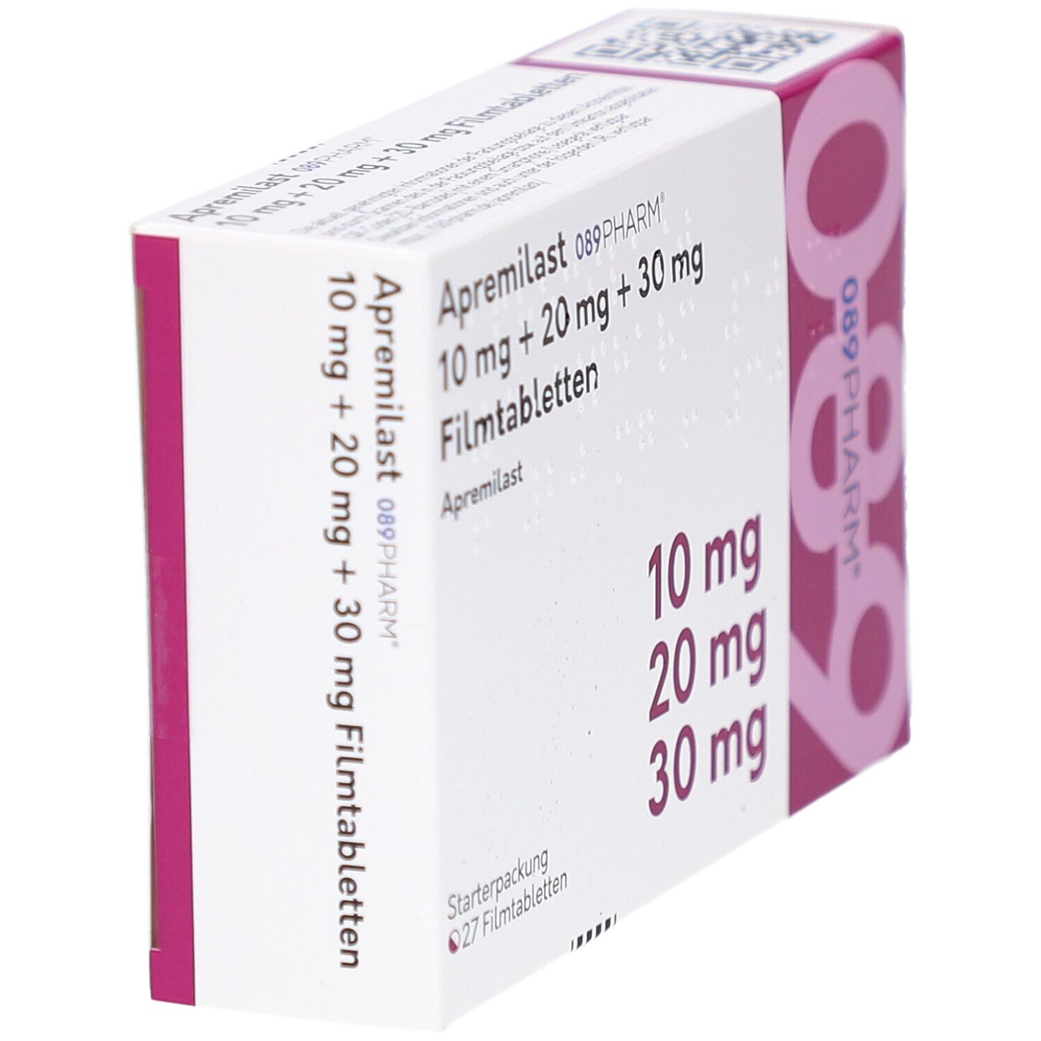 Schachtel, seitliche Ansicht. Aufschrift 'Apremilast 10 mg + 20 mg + 30 mg Filmtabletten'. Rosa Akzent.