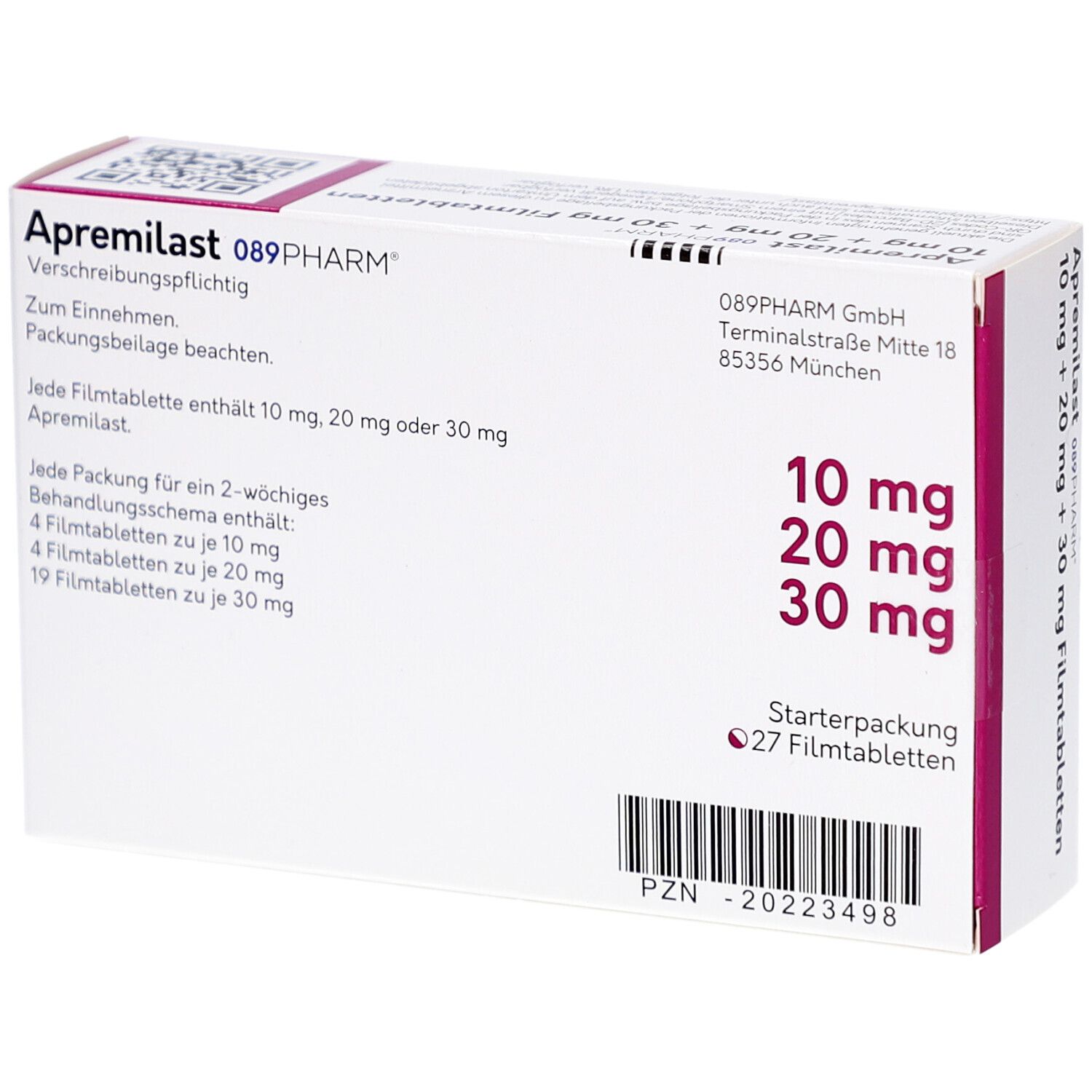 Schachtel, Rückseite. Text: 'Apremilast'. Dosierung: 10 mg, 20 mg, 30 mg. Starterpackung mit 27 Tabletten.