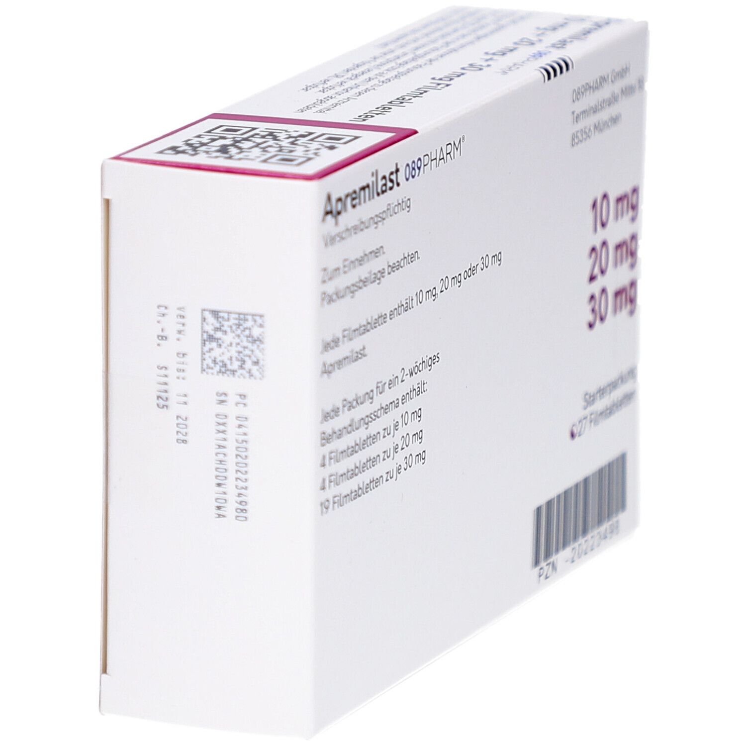 Schachtel, schräge Ansicht. Text: 'Apremilast'. Dosierung: 10 mg, 20 mg, 30 mg. Starterpackung.