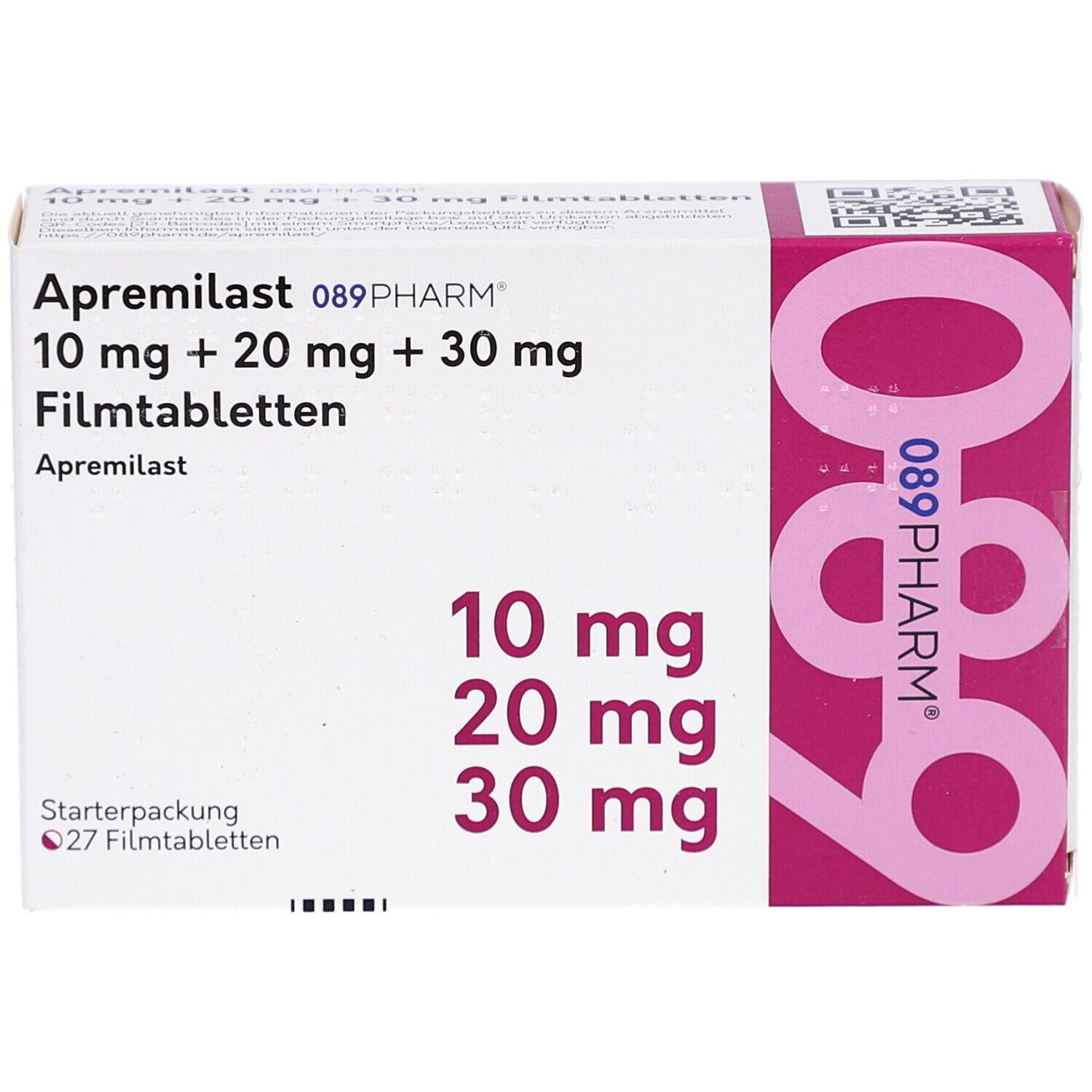Schachtel mit Aufschrift 'Apremilast 10 mg + 20 mg + 30 mg Filmtabletten'. Starterpackung mit 27 Tabletten.