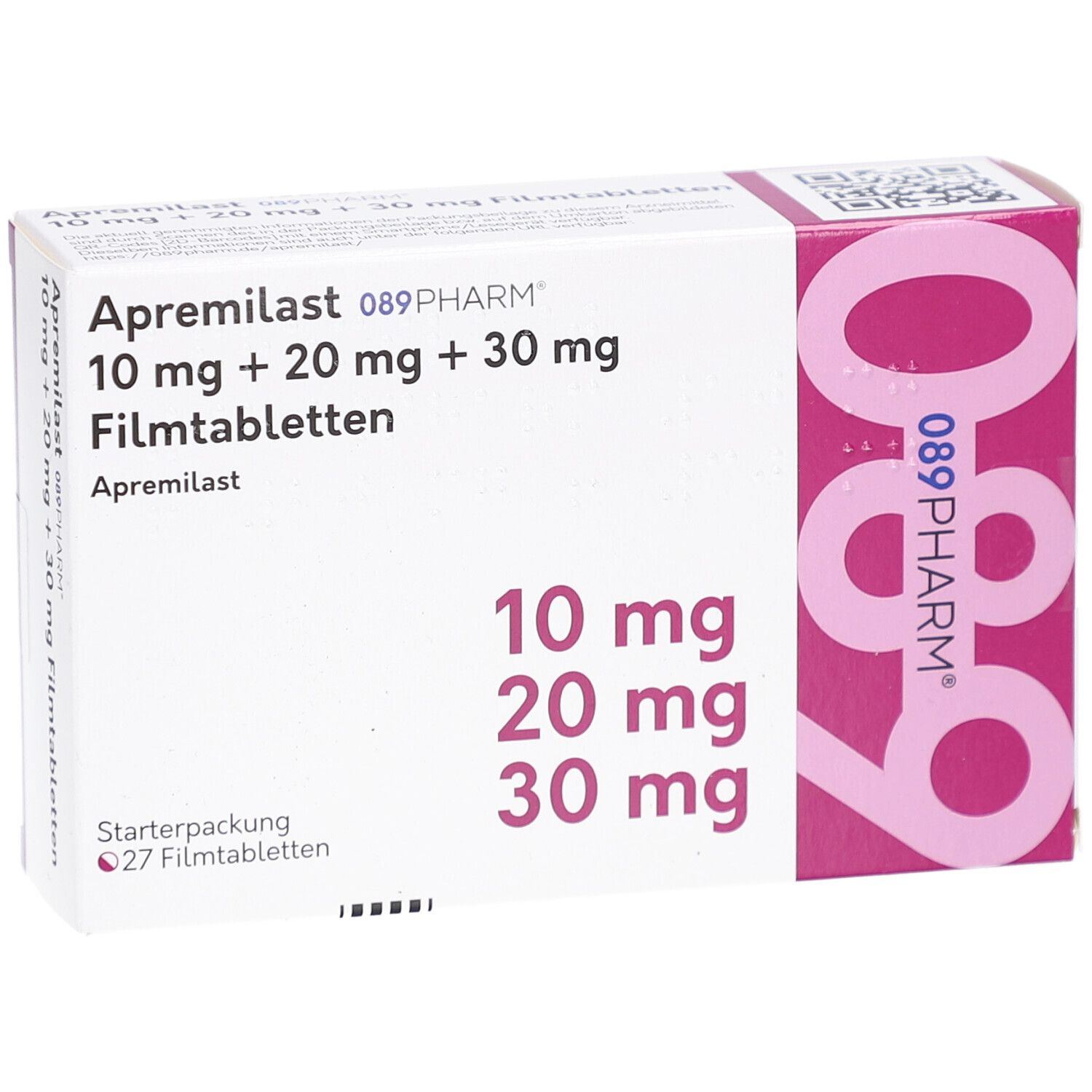 Schachtel mit Aufschrift 'Apremilast 10 mg + 20 mg + 30 mg Filmtabletten'. Starterpackung mit 27 Tabletten.