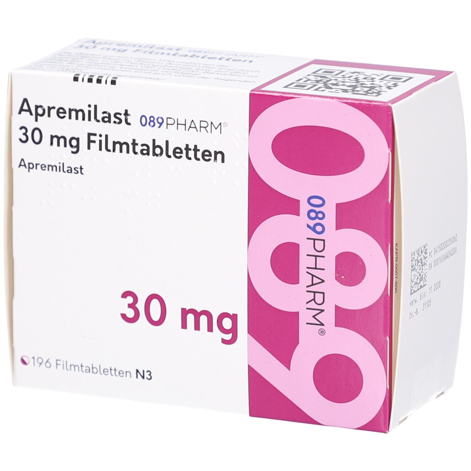 Schachtel mit APREMILAST 089PHARM 30 mg Filmtabletten. Aufschrift: 30 mg, 196 Filmtabletten N3. Rosa und weiße Verpackung.
