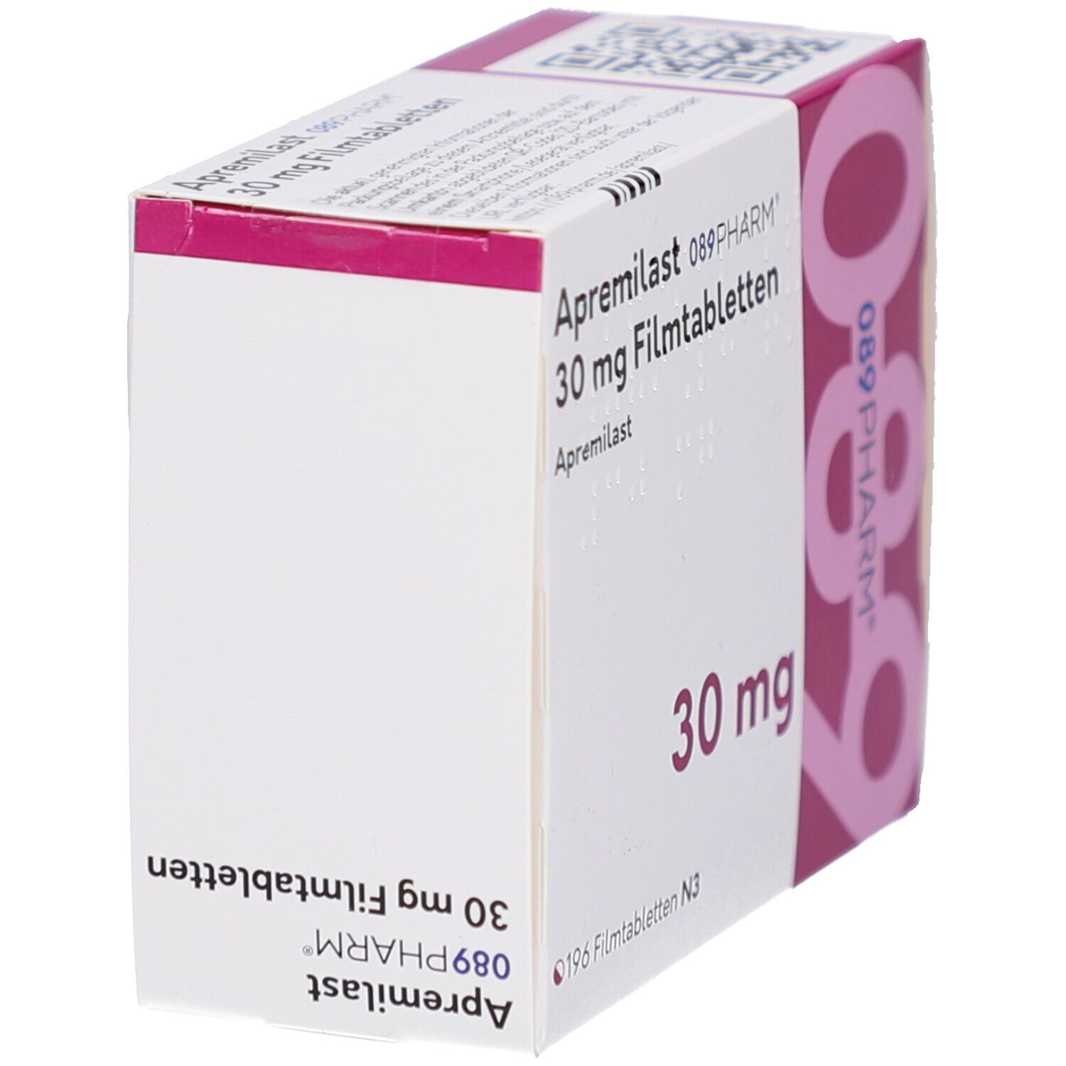 Schachtel APREMILAST 089PHARM 30 mg Filmtabletten. Aufschrift: 30 mg. Rosa und weiße Verpackung. Ansicht von der Seite.