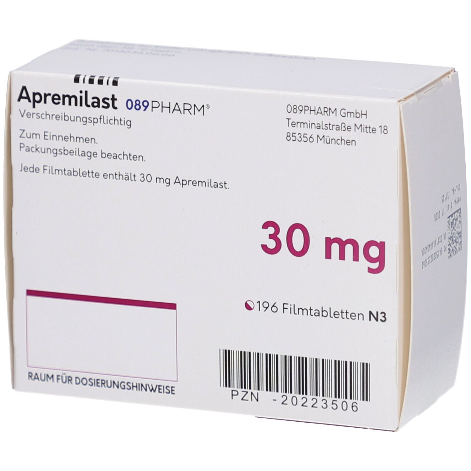Schachtel APREMILAST 089PHARM 30 mg Filmtabletten. Aufschrift: 30 mg, 196 Filmtabletten N3. Weiße Verpackung mit Text.